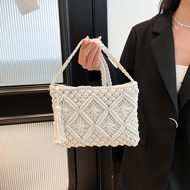 Image of 1pc Solid Color Bohemian Ethnic Style Woven Crossbody Bag, Fashionable Small Square Bag, Perfect For Beach Vacation And Shopping