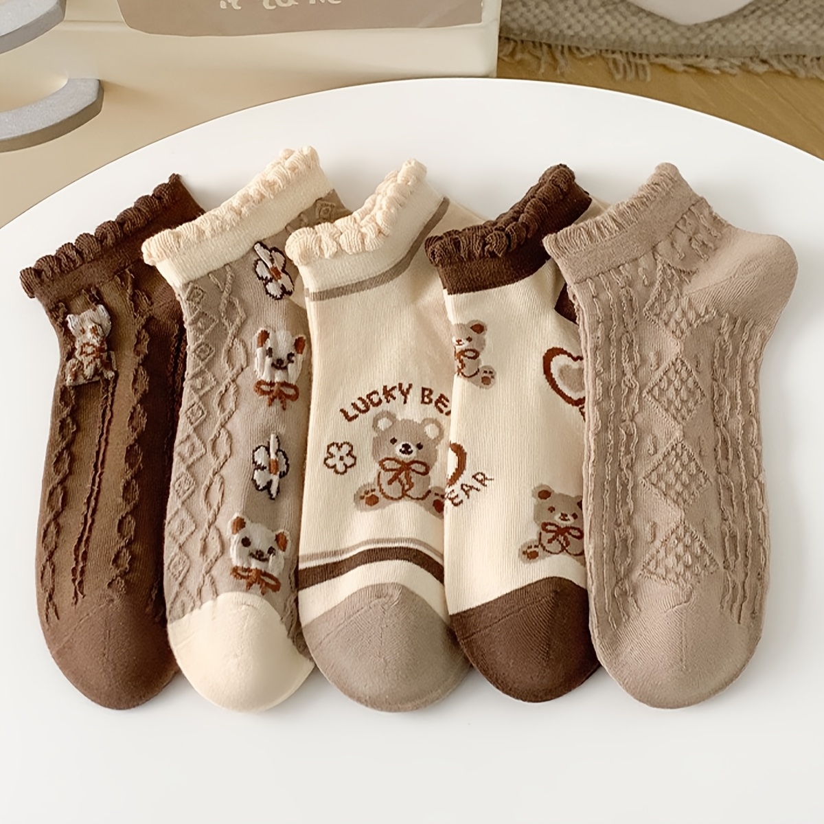 E-shop 5-Pack Damen Niedliche Bären-Kurzsocken mit Rüschenbesatz – Weiche, atmungsaktive Knöchelsocken für täglichen Casual-Look, Outfits, Partys &