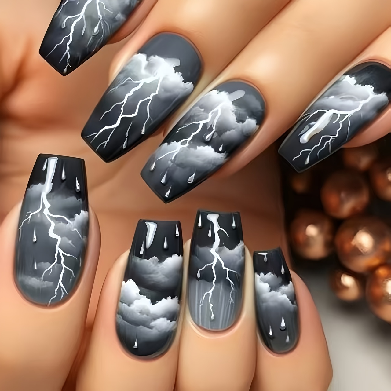 TEMU 24pcs Press-on Nails With Carbon Gray Cloud Elements Glossy Medium Length Ballet Nails For Press-on Decoration Nail Art Chips