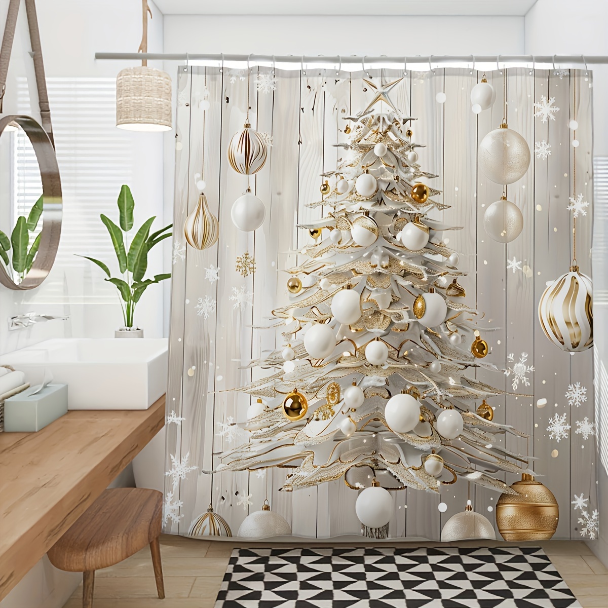 

Christmas Tree Digital Print Shower Curtain With Hooks - Machine Washable, Water-resistant Polyester, Decorative Artistic Design, Woven Fabric, Ideal For Festive Home Decor, 72x72 Inches