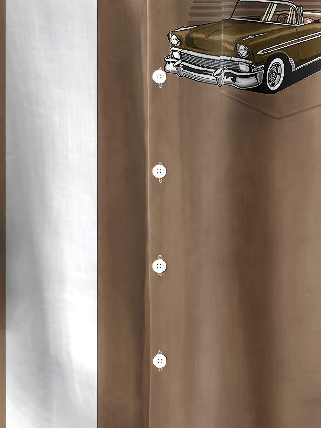 Men'S Plus Size Vintage Car Graphic Button-Up Shirt - Blue & White Checkered, Short Sleeve, Casual Summer Shirt with Front Pocket, Casual Summer Wear|Vintage Car Print|Short Sleeve Shirt