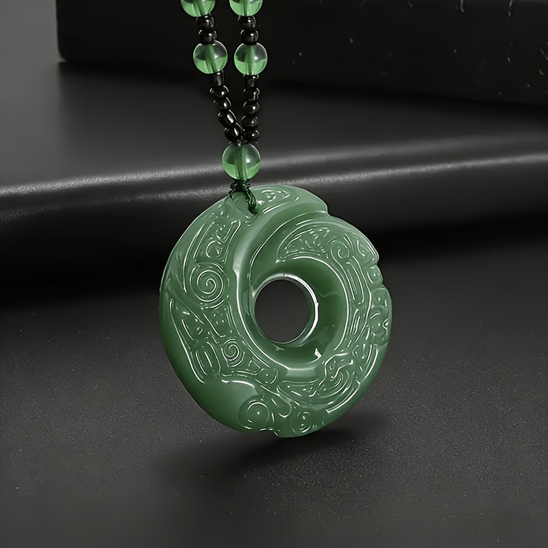 Image of 1pc Of Green Crescent-shaped Peace Pendant Beaded Necklace, A Stylish Jewelry Piece - A Unisex Amulet Accessory For Men And Women - For