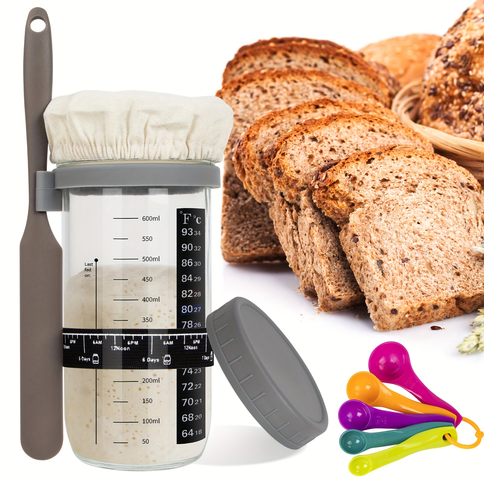 

Sourdough Starter Jar With Date Marked Feeding Band Thermometer Sourdough Jar Silicon Spatula Measuring Spoons Cloth Cover & Sealing Lid Sourdough Starter Kit For Home Baking Fermentation