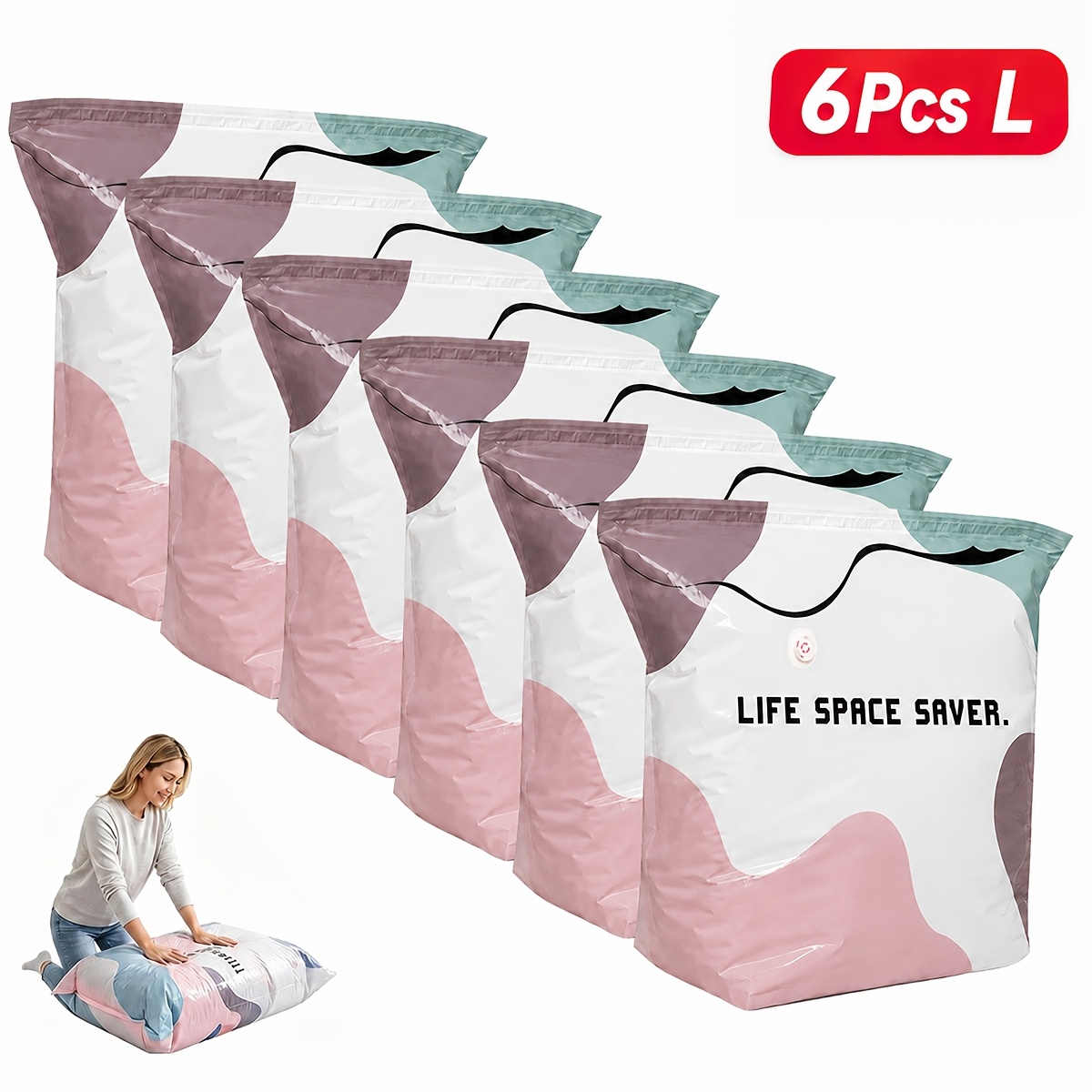 TEMU 6pcs Pump-free Compression Storage Bags, Reusable No-vacuum Space Saver Bags For Clothes, Comforters, Quilts & Bedding, Press-to-compress Travel
