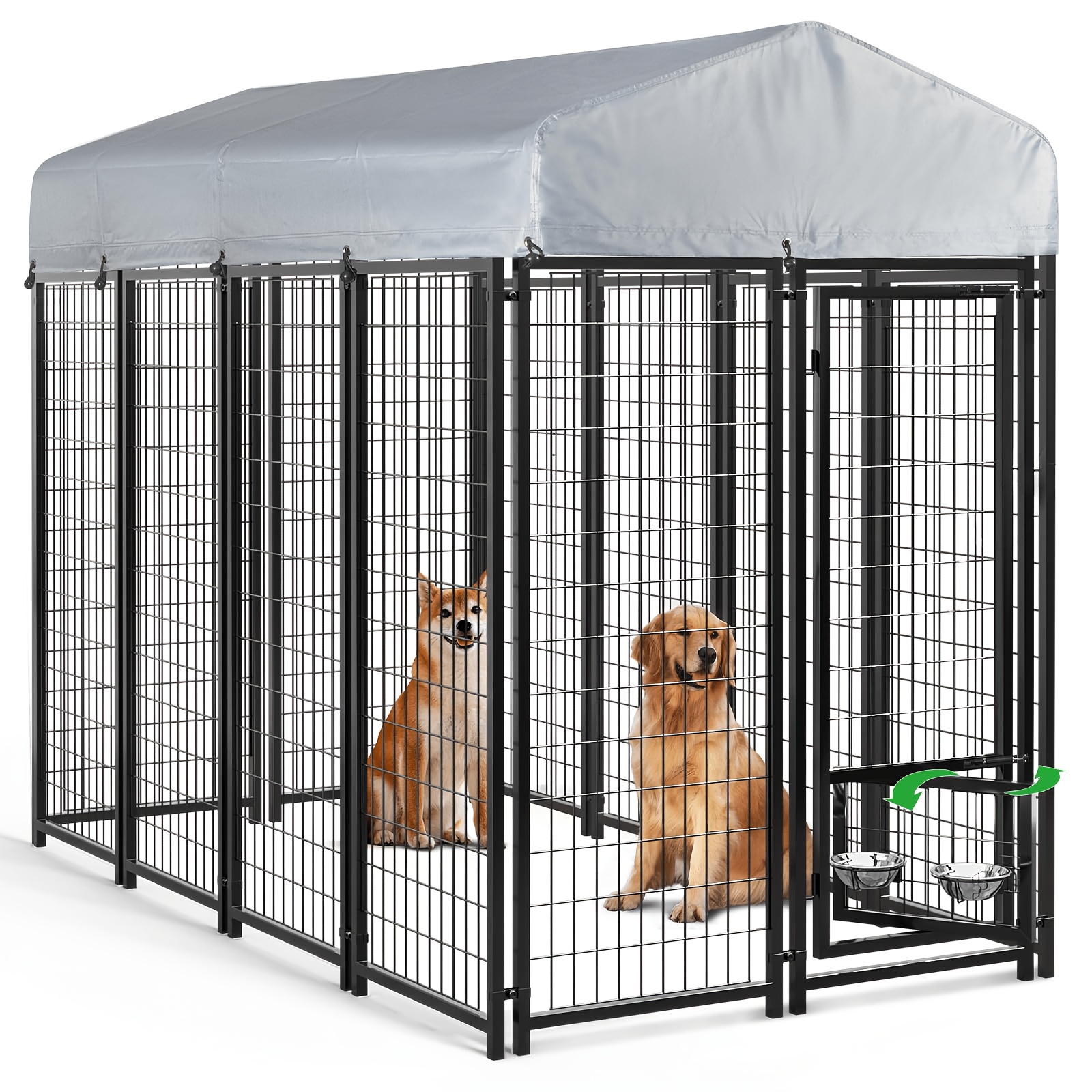 TEMU Large Outdoor Dog Kennel With Rotating Dog Bowl, Heavy Duty Welded Wire , Dog Playpen Fence With Uv-resistant Roof, Dog Enclosure For Outside