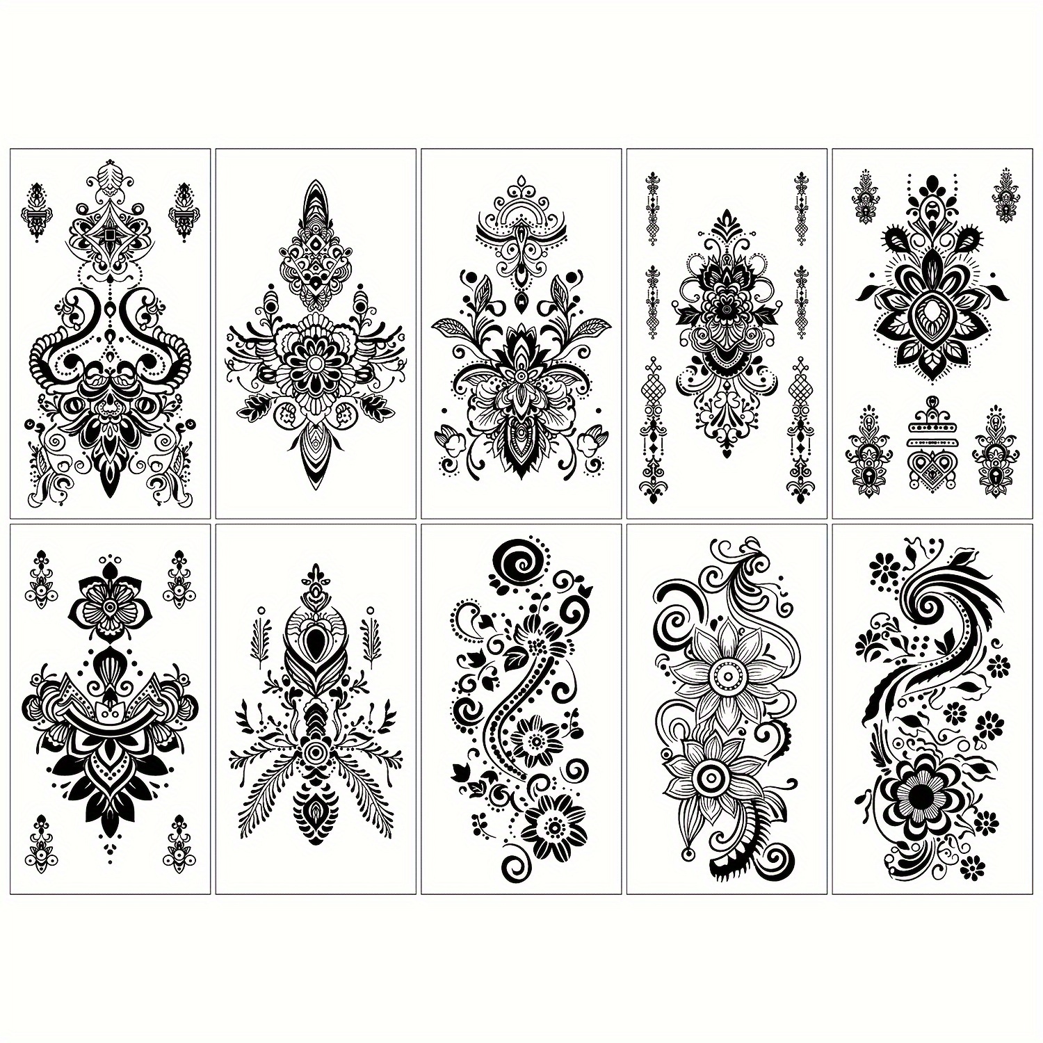 Image of 10 Black Lace Floral Temporary Tattoo Stickers, Stylish Floral Tattoos For Fingers And Backs Of Hands, Waterproof And Sweat-resistant Durable Body Art Decoration Tattoos Suitable For Women.