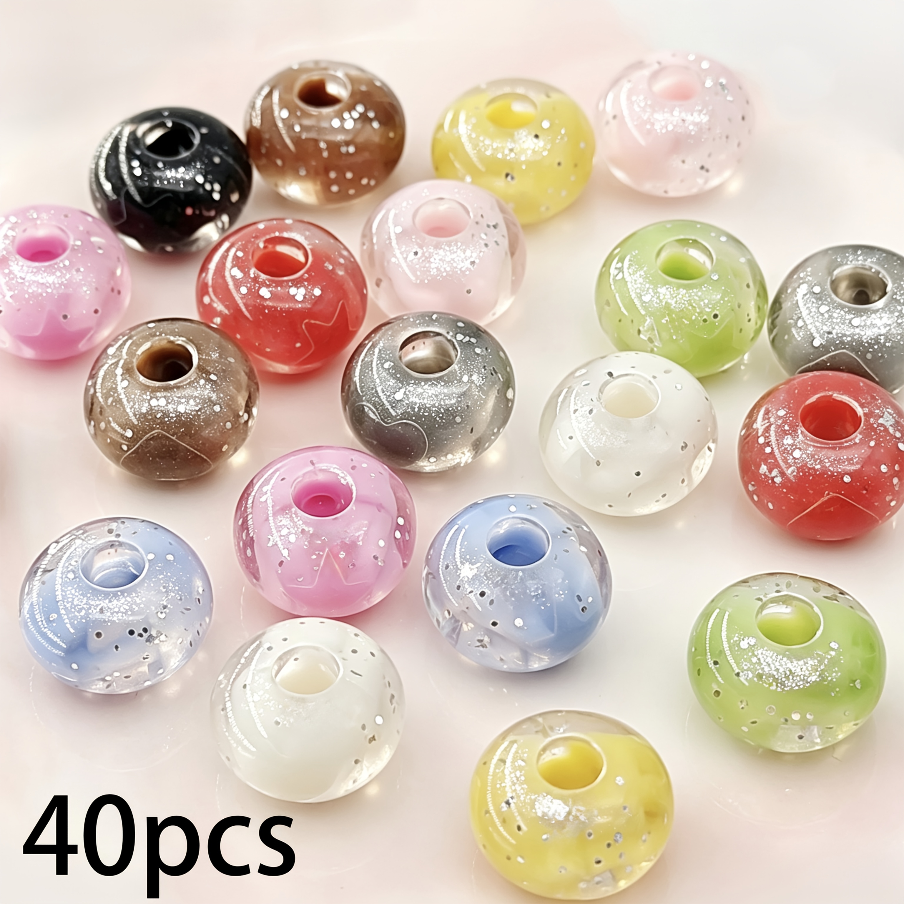 TEMU 40pcs 13.5mm Silvery Glitter Embossed Heart And Star Large-hole Flat Beads, Acrylic Macaron Mixed Color Transparent Loose Beads For Diy Handmade
