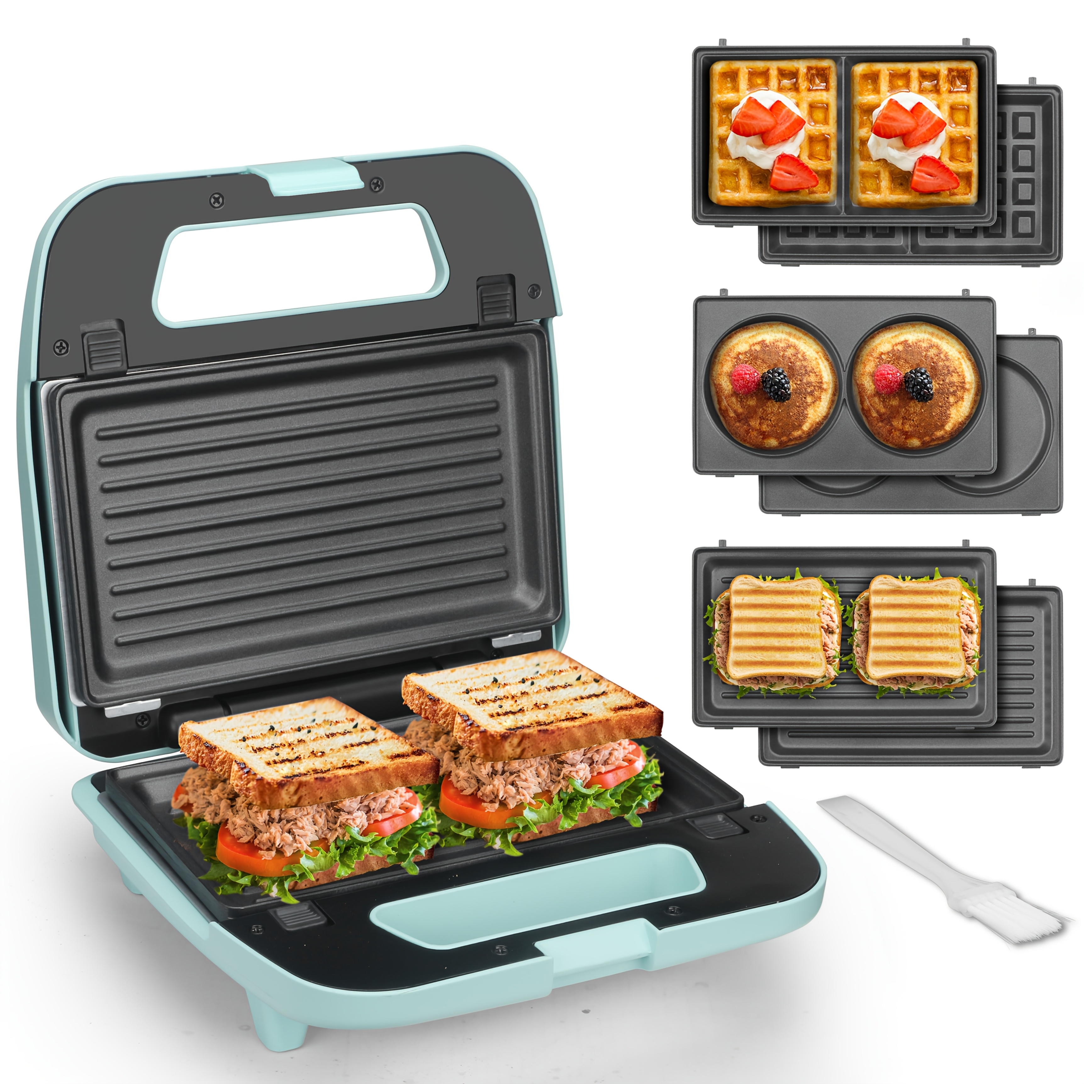 TEMU 3in 1 Mini Belgian Waffle Maker, Waffle Maker Machine With 3 Removable Plates, Breakfast Sandwich Maker Press, Mini Pancake Maker, Maker, Aqua,