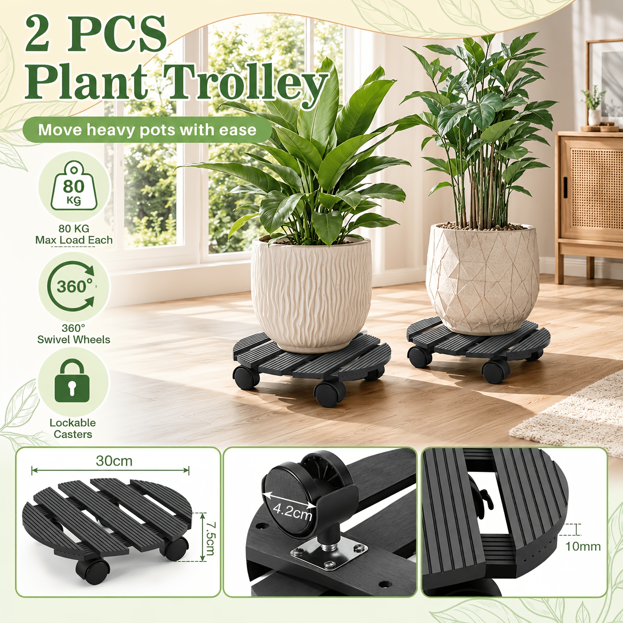 2pcs Plant Caddies 30cm Round Plant Roller With Lockable 360° Caster Wheels Anti-slip Plant Pot Dolly Waterproof Flower Pot Mover For Indoor Outdoor Garden Patio Balcony Planters, 80kg Each