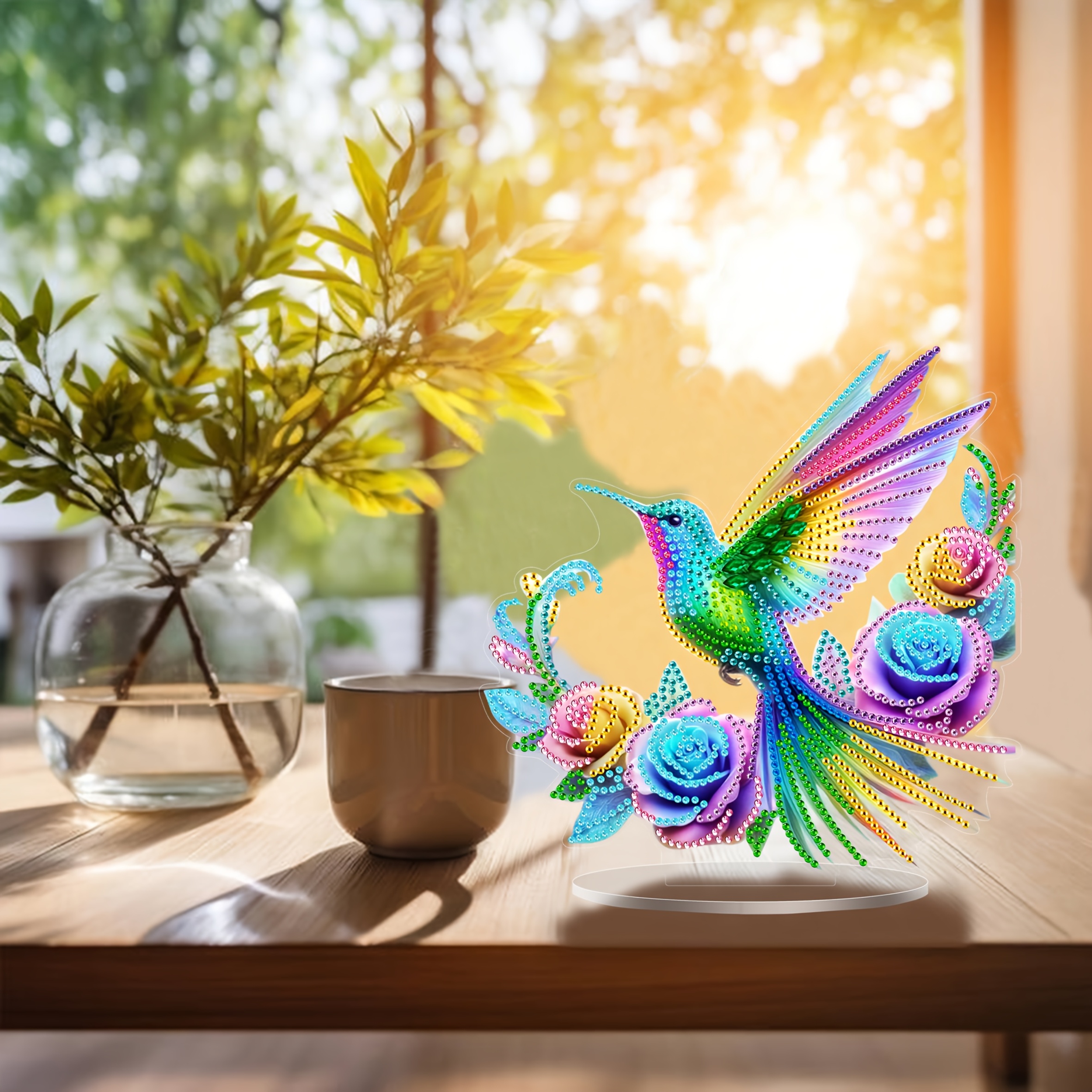 

Vibrant Hummingbird & Floral Diamond Painting Kit - Acrylic Mosaic Art With Unique Shaped Diamonds - Tabletop Decor & Craft Gift Set With Water Drill Accessories, Diamond Art