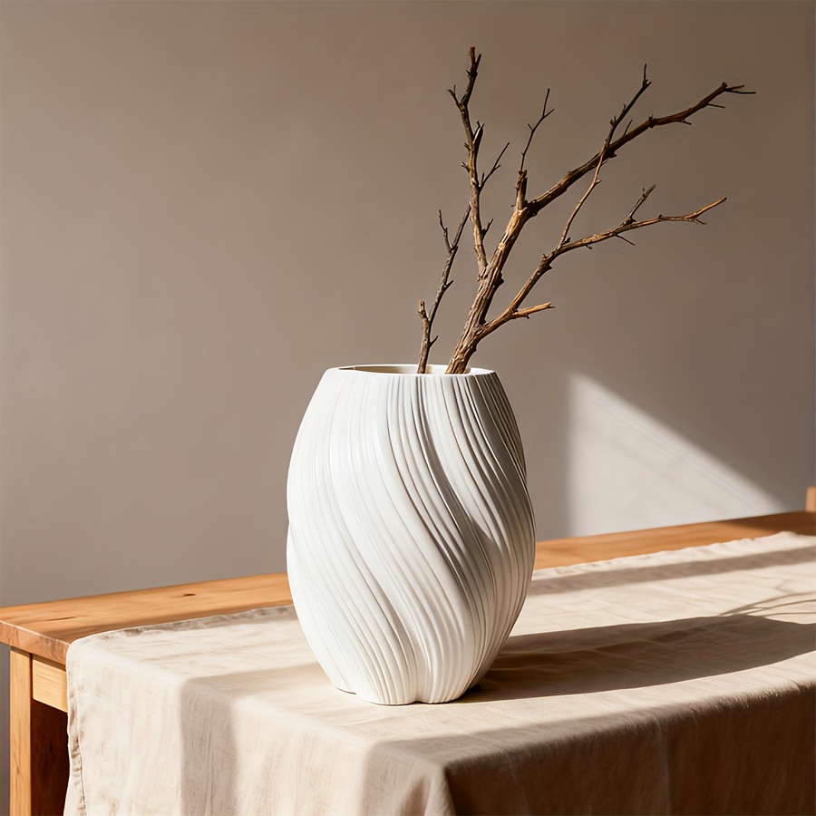 Image of 1pc Modern White Textured Vase Home Decor For Living Room Table Floral Arrangement Fits Fresh/dried Flowers Minimalist Design Study Bedroom Entryway Styling