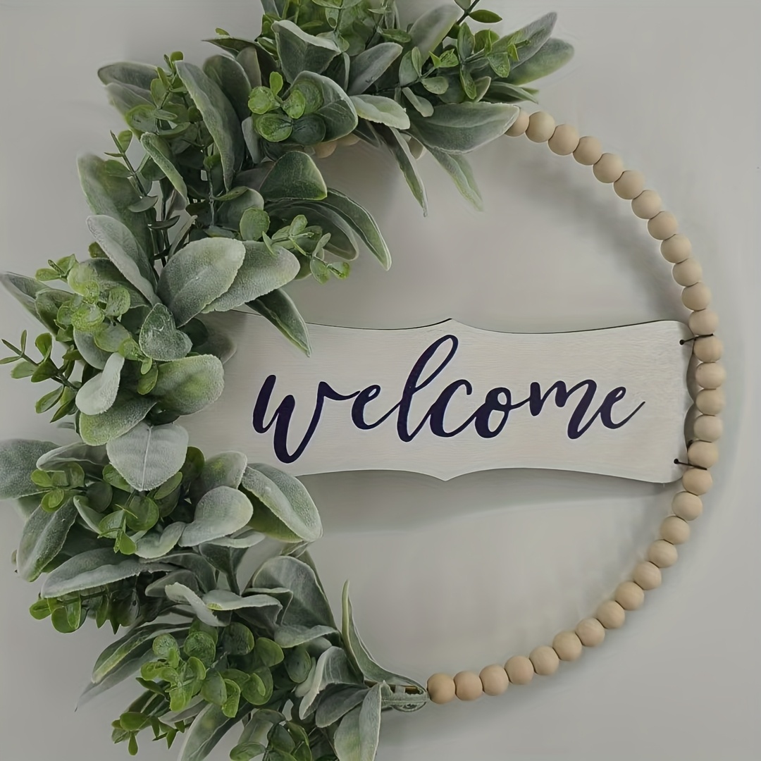 Image of Welcome To The Front Door Wreath, A Neutral Modern Wooden Bead Arch Wreath Featuring Lamb's Ear Leaves, Perfect For Home And Kitchen Decor.