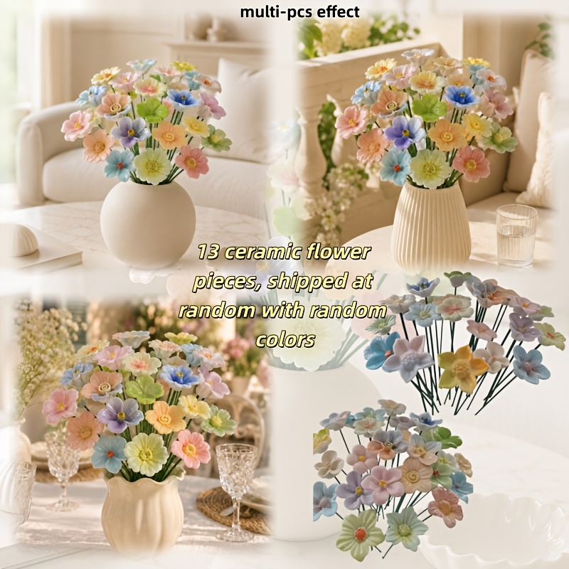 TEMU 13pcs Handmade Ceramic Bouquet Random Colors 3d Simulation Flowers Eternal Flowers Ornaments Handmade Glossy Ceramic Flowers Mixed Daisies Rose