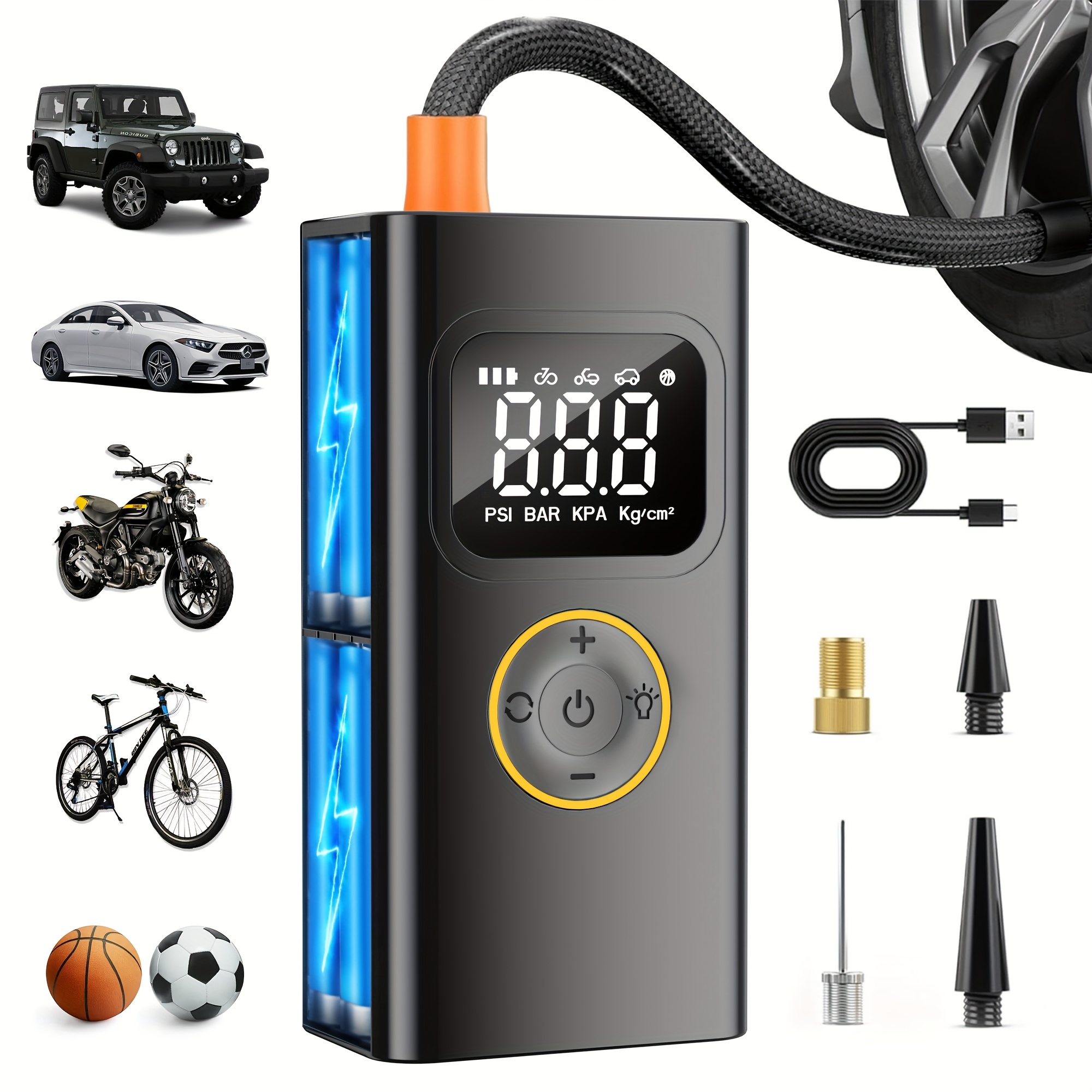 Portable Tire Inflator Air Compressor 150 PSI with Pressure Gauge, LED, Cordless Pump for Cars, Motorcycles, Bicycles, and Balls, Black or Y