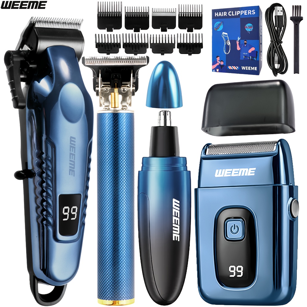 Image of Weeme 4pcs 2pcs Blue Rechargeable Electric Grooming Kit For Men, Hair Clipper, Electric Foil Shaver, Beard Trimmer, Ear & Nose Hair Trimmer, Usb Rechargeable, Gift Father's Day Gift For Men
