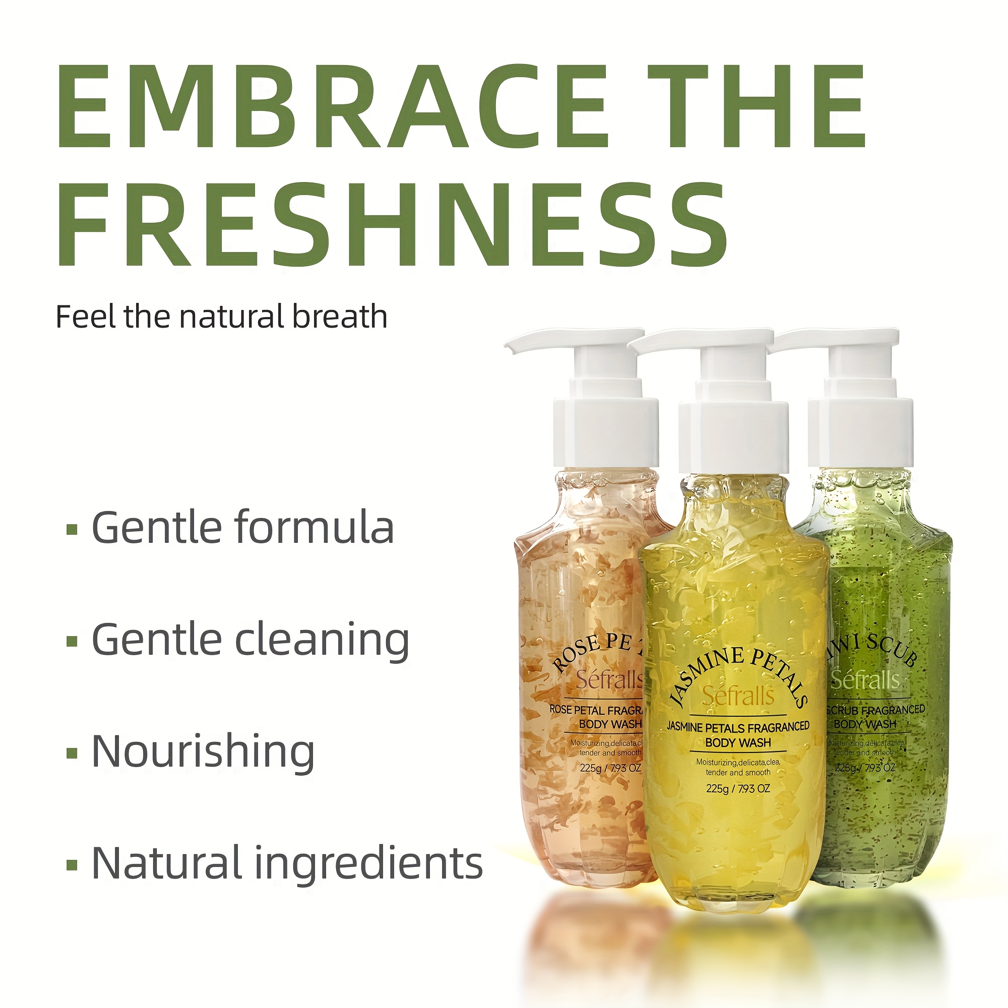 Sefralls Petal Fragrance Body Wash Set*3pcs Hydrates And Moisturizes The Skin, Featuring Kiwi, Rose, And Jasmine Scented Shower Gels with Diverse Fragrances That Provide a Long-Lasting Scent, Leaving Users Feeling