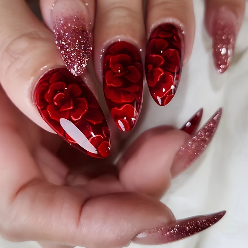 

24pcs/set Red Flower False Nails Red Gradient Press On Nails, Glitter Medium-length Almond Fake Nails, Elegant False Nails For Women Girls