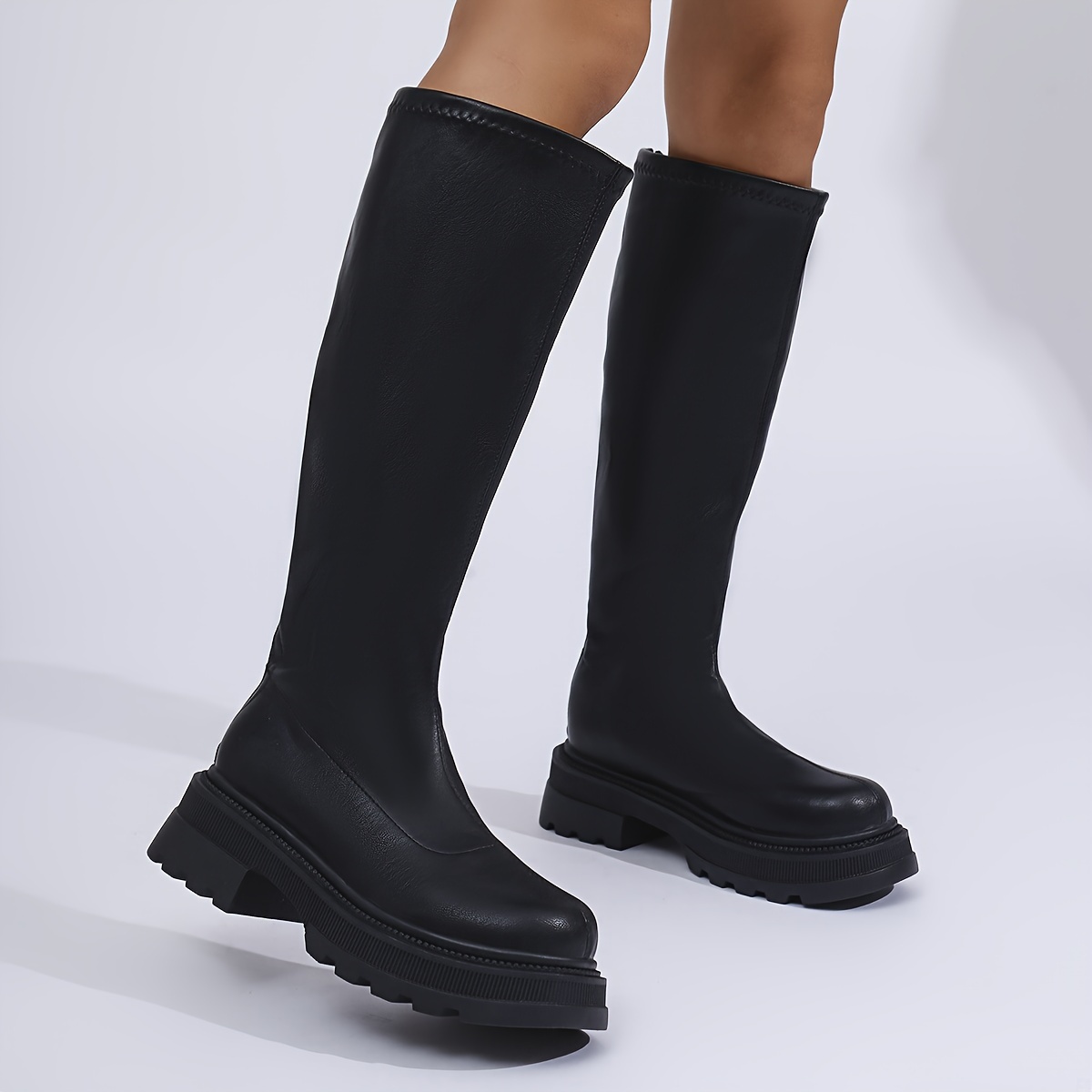 

Bottes Hautes Noires Fermeture Éclair - Rond , Épais, Fausse & Semelle en Caoutchouc, l'Extérieur