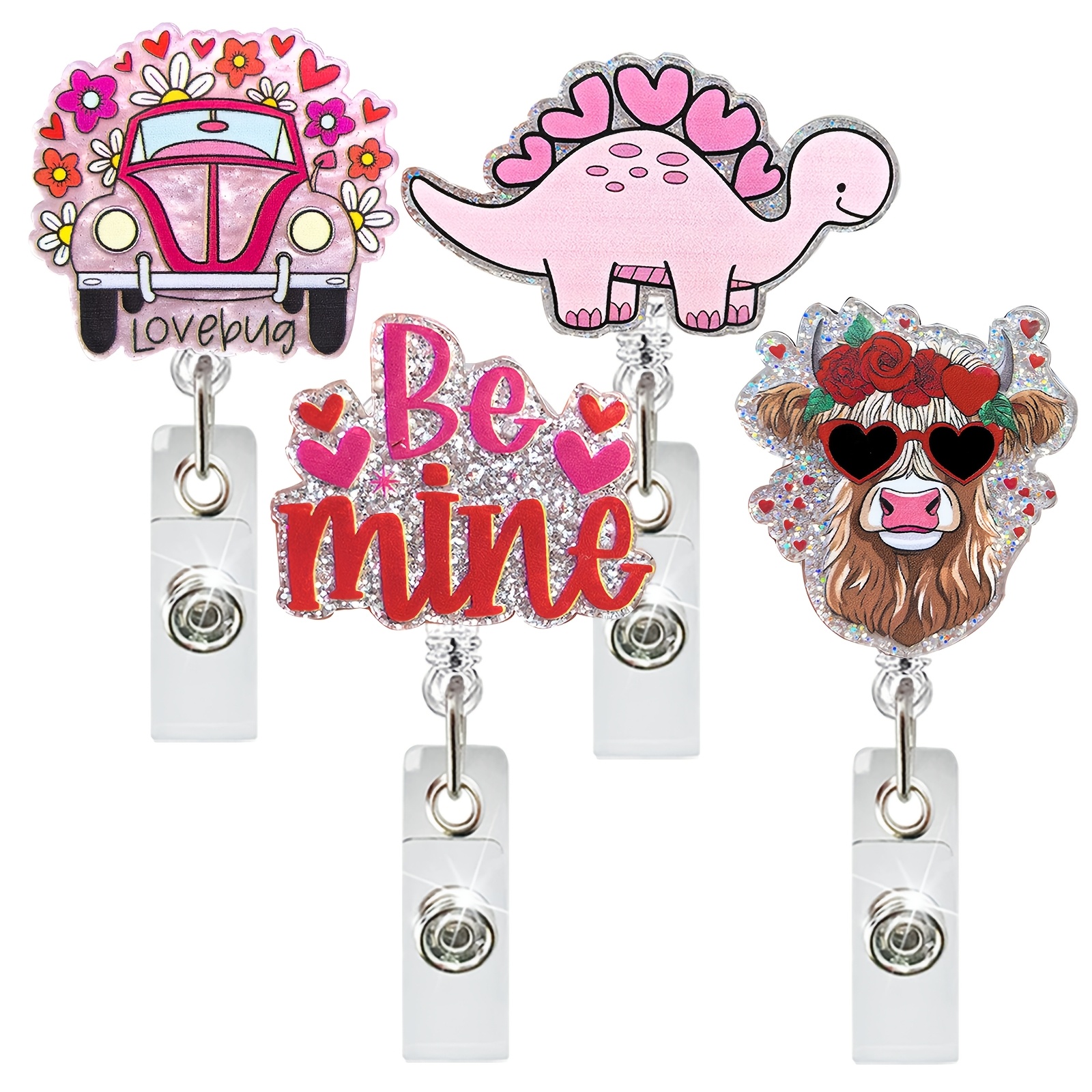 

1pc Cute Acrylic Badge Clip Holder, Retractable Id Card Reel With Swivel Alligator Clip, Nylon Rope, With Dinosaur, Cow, Car, And "be " Designs, For Nurses, Teachers, Students, Office Staff