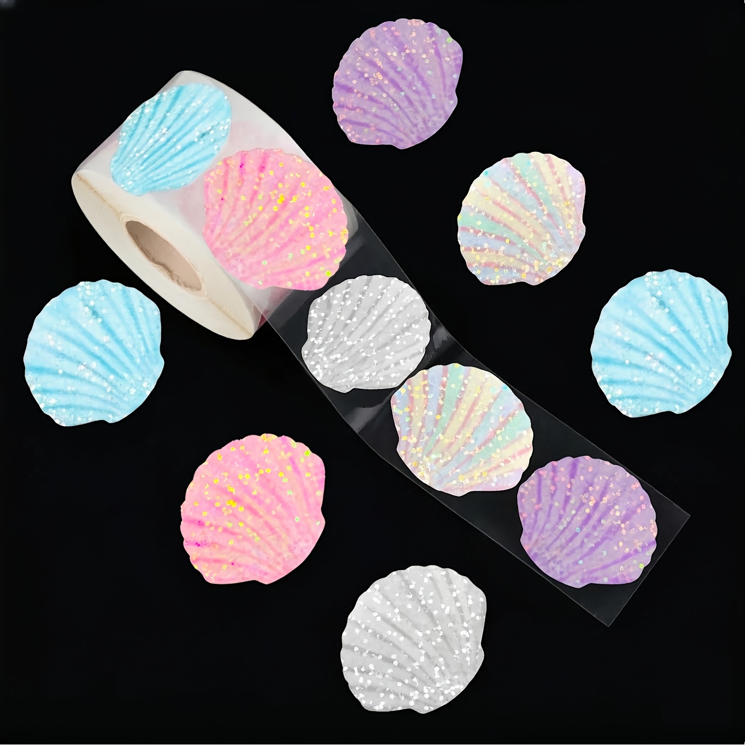 E-shop 500 Stück Sommer-Muschel-Aufkleber-Rolle, holografische Siegelaufkleber, glitzernde, farbenfrohe Muschel-Self-Adhesive-Abziehbilder für