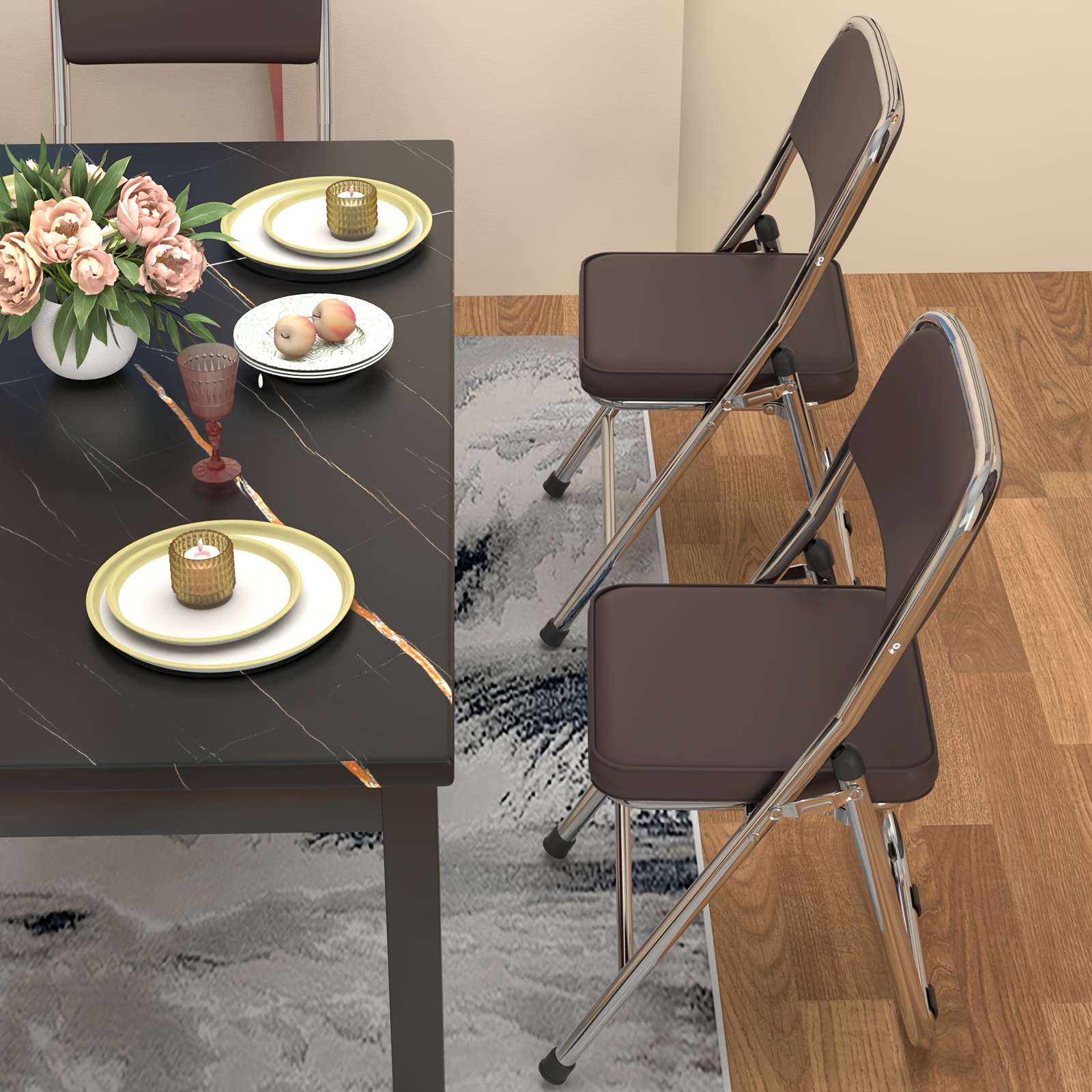 Image of Set Of 2 Dining Chairs, Space-saving Folding Chair Pu Upholstered Folding Chair With Backrest, Folding Chairs Living Room Chair Kitchen Chair, Load Capacity Up To 150kg, Metal Legs, 45x46x82cm