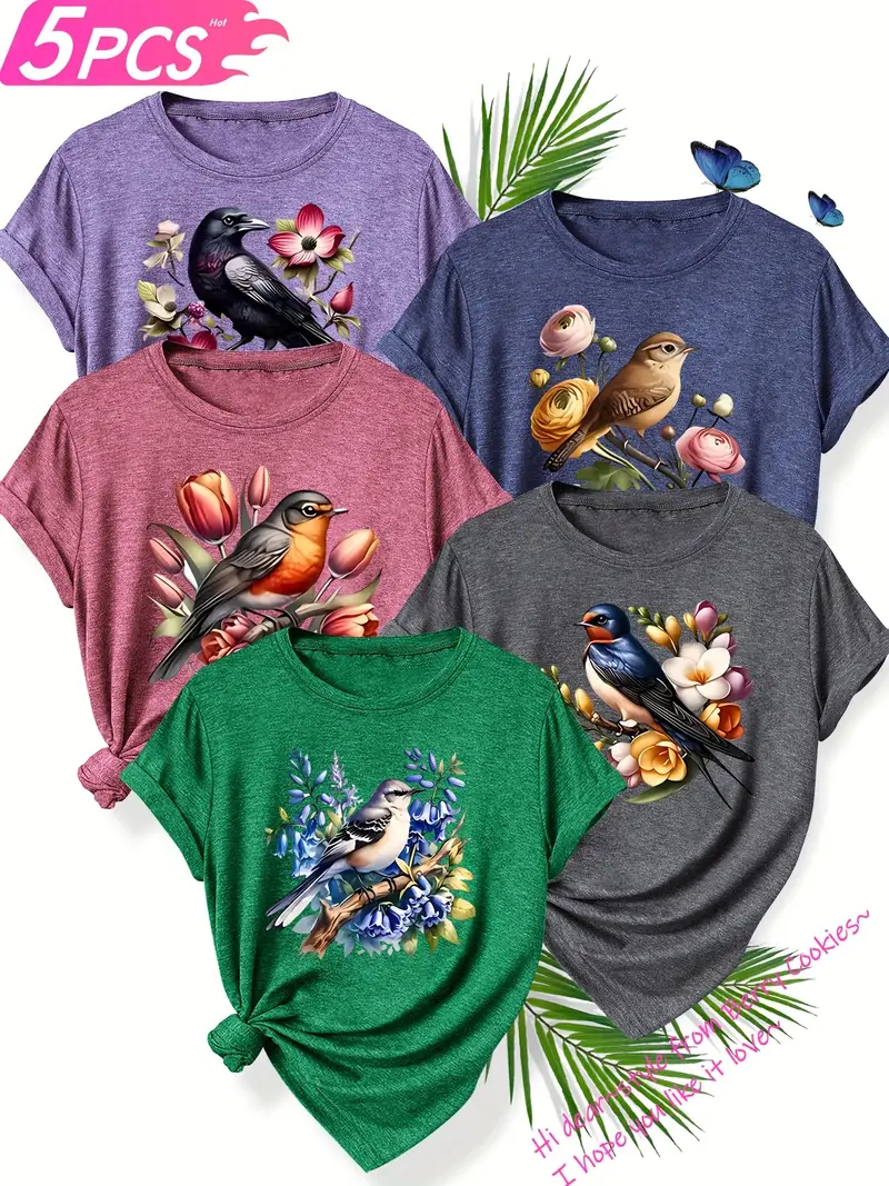 5pcs set of sisters simple and cute animal plant flower pattern printed elegant womens spring summer and autumn round neck short sleeve t shirt multi color s xxl Product details 2