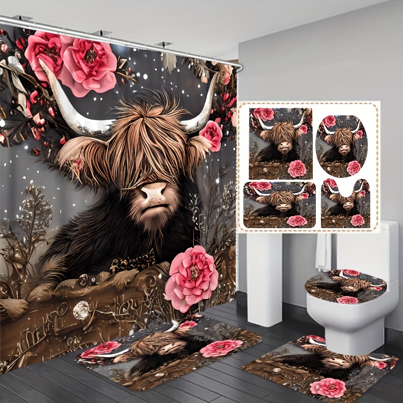 

1/3/4pcs Highland Cow Floral Print Shower Curtain Set, Waterproof Bathroom Curtain With Free Hooks, Non-slip Rug, Toilet Lid Mat And Bath Mat, Bathroom Accessories
