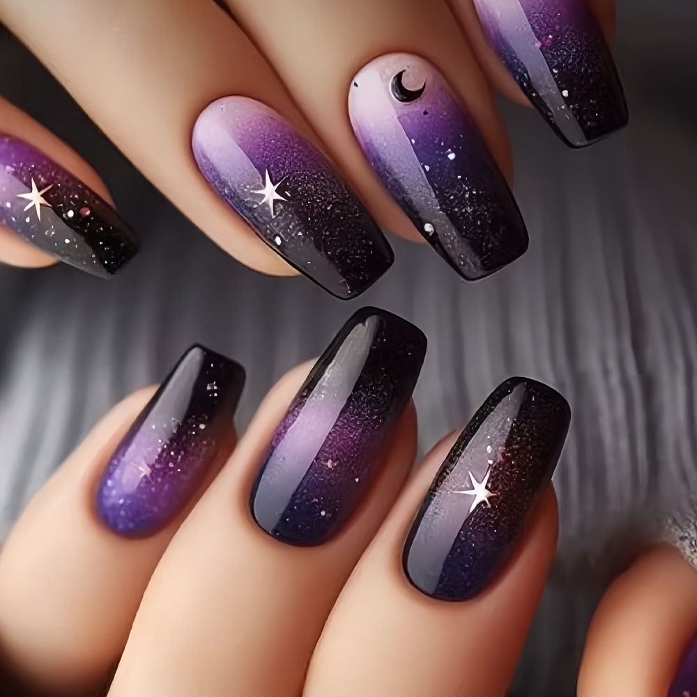 

24pcs Elegant Purple Gradient Ballet Press-on Nails With Stars And , , Medium Length, French Manicure False Nails Set For Women And Girls, Removable With Jelly Glue & Nail File Included