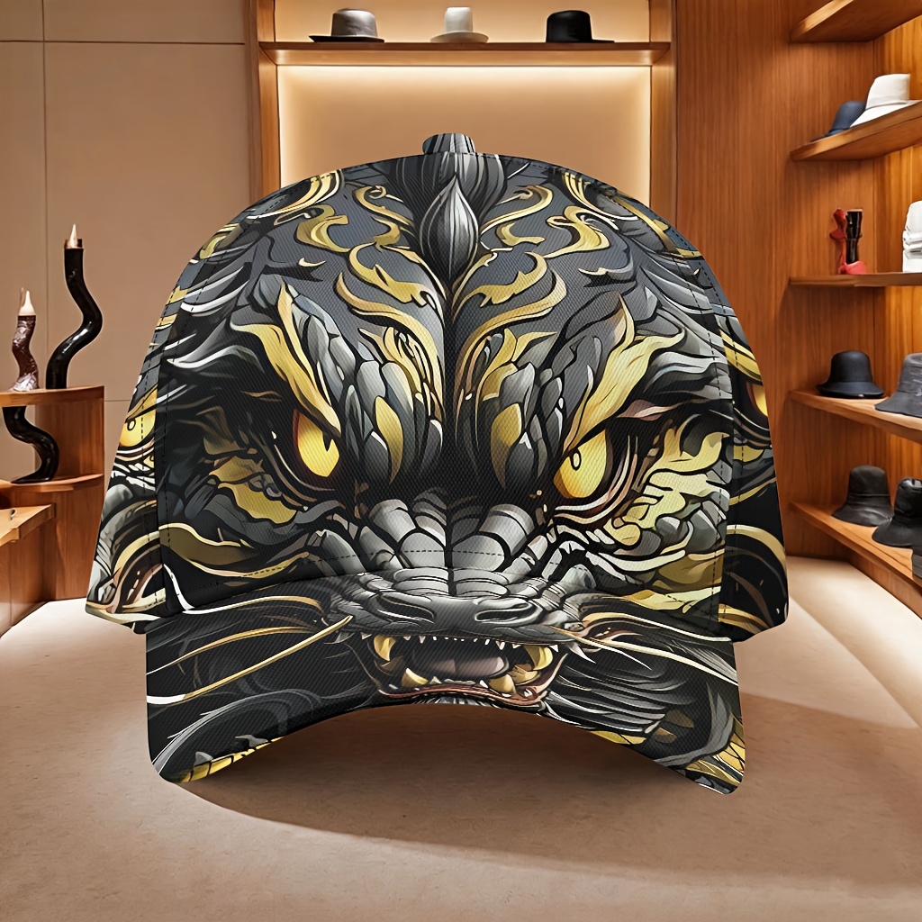 TEMU Traditional Dragon Silhouette Pattern Full Print Curved Brim Baseball Cap, Unisex Adjustable Size, Casual Hat, Whimsical , Suitable For Outdoor