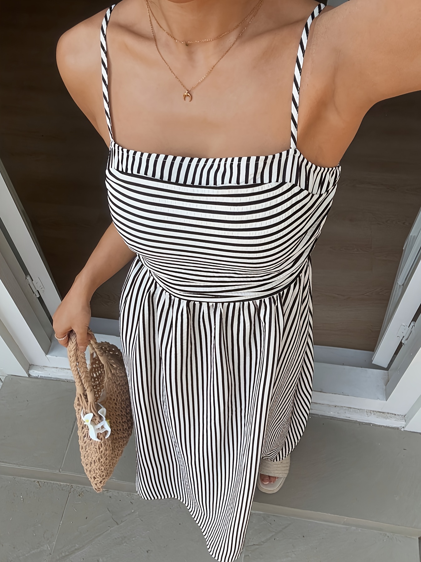 womens casual striped spaghetti strap maxi dress temu - Temu