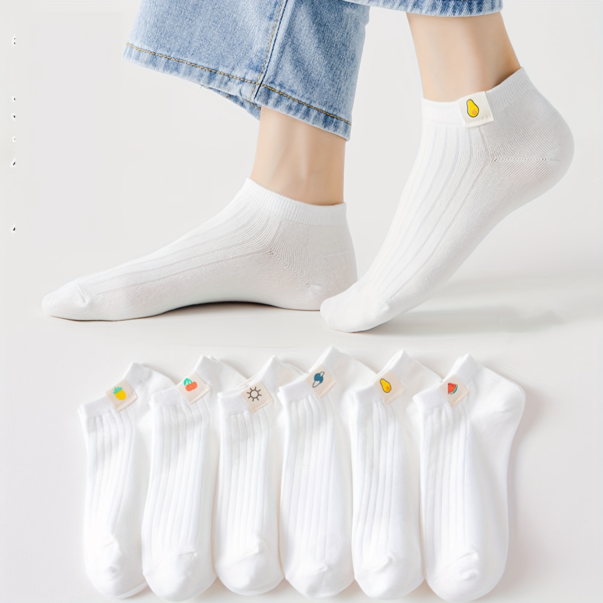 

6 Pairs Fruit Label Decor Socks, Simple & Breathable Ankle Socks, Women's Stockings & Hosiery