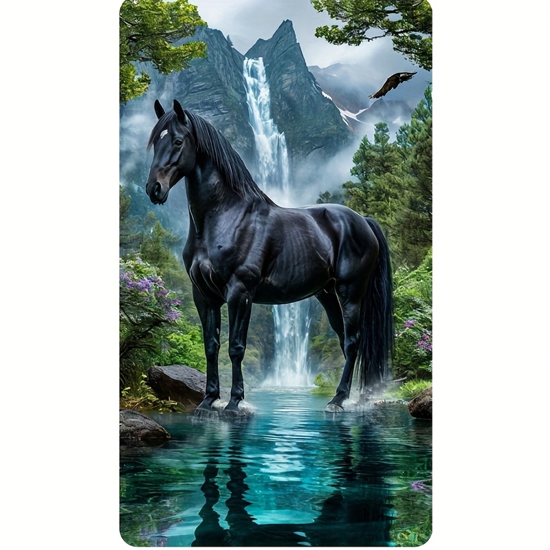 TEMU 1pièce Art mural de cheval noir majestueux, 15.75x27.56 pouces - Kit de peinture diamant acrylique rond pour la décoration intérieure, pour les