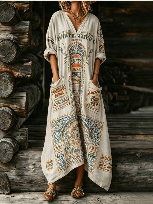 bohemian vintage print robe lazy casual long dress with large pockets figure hiding maxi dress
