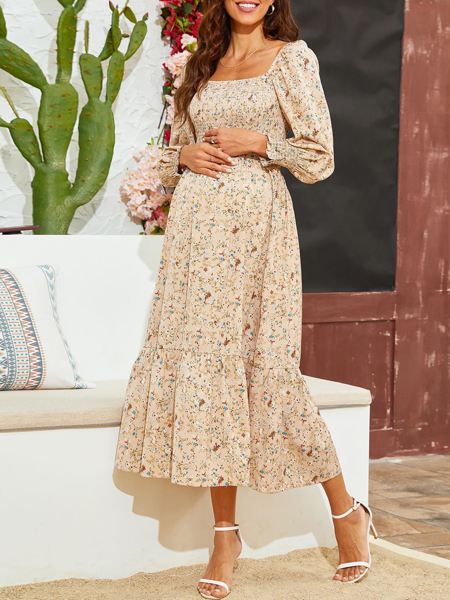 knee length dresses for ladies Cream Long Sleeve Floral Accent Maternity Dress main image 1