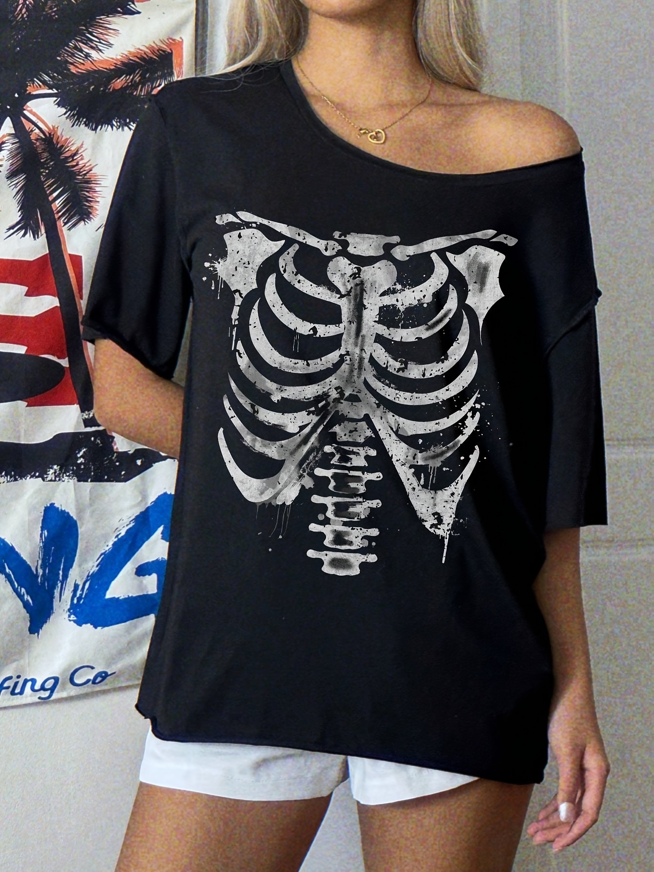 y2 shoulder skull print t shirt casual black - Temu