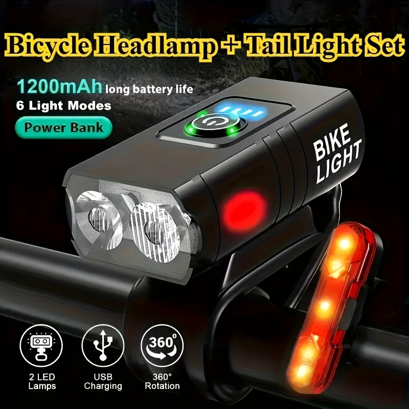 TEMU 1 Set Of Bicycle Headlight + Tail Light, Rechargeable Mountain Bike Headlight - 6flashing , Safety And Visibility Mountain And Road Light Night Cycling Flashlight Device, Mountain Bike Scooter