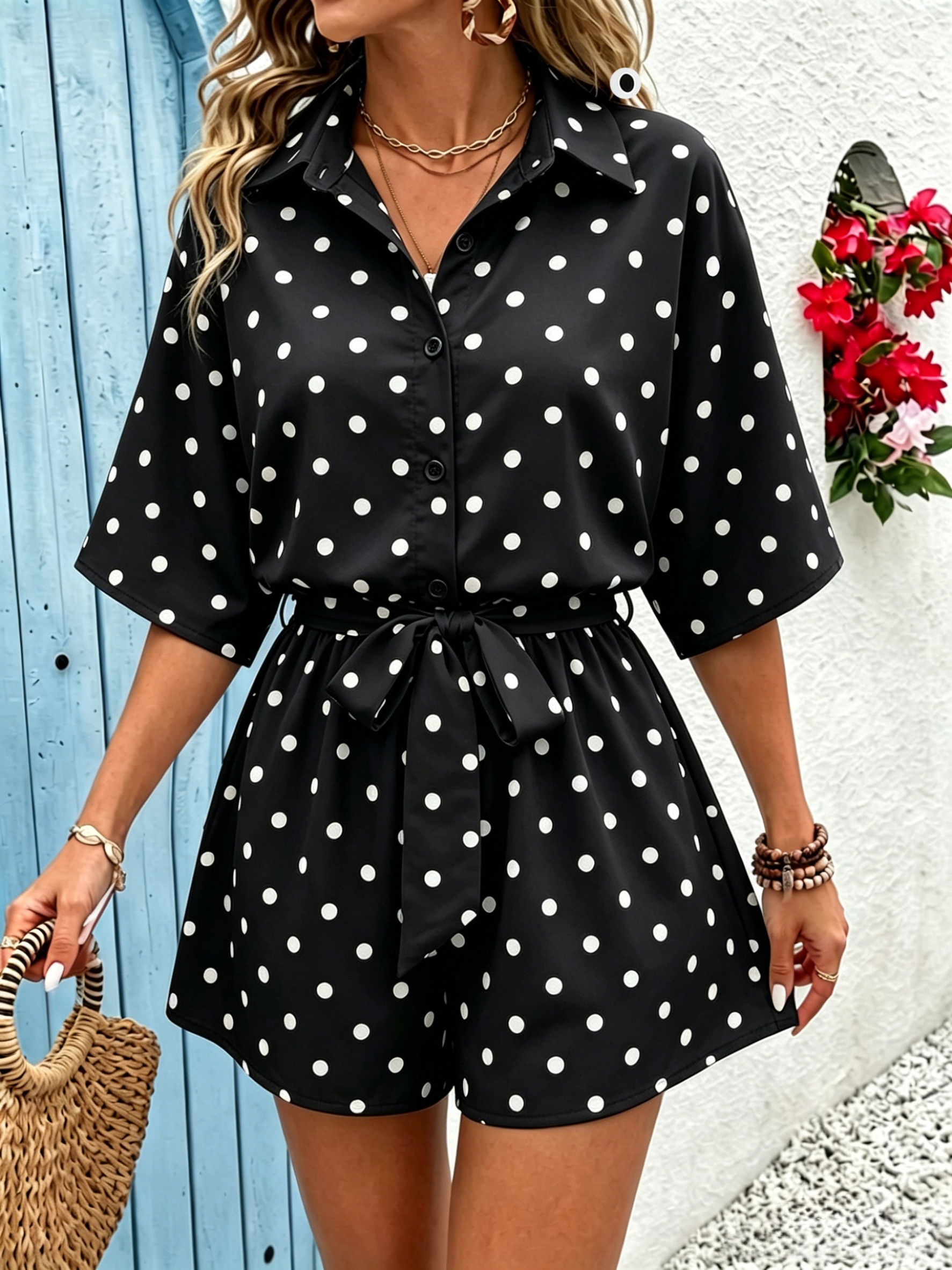 french style vintage polka dot bodysuit for women 2026 summer new arrival loose short sleeve lapel collar waist cinching casual shorts jumpsuit