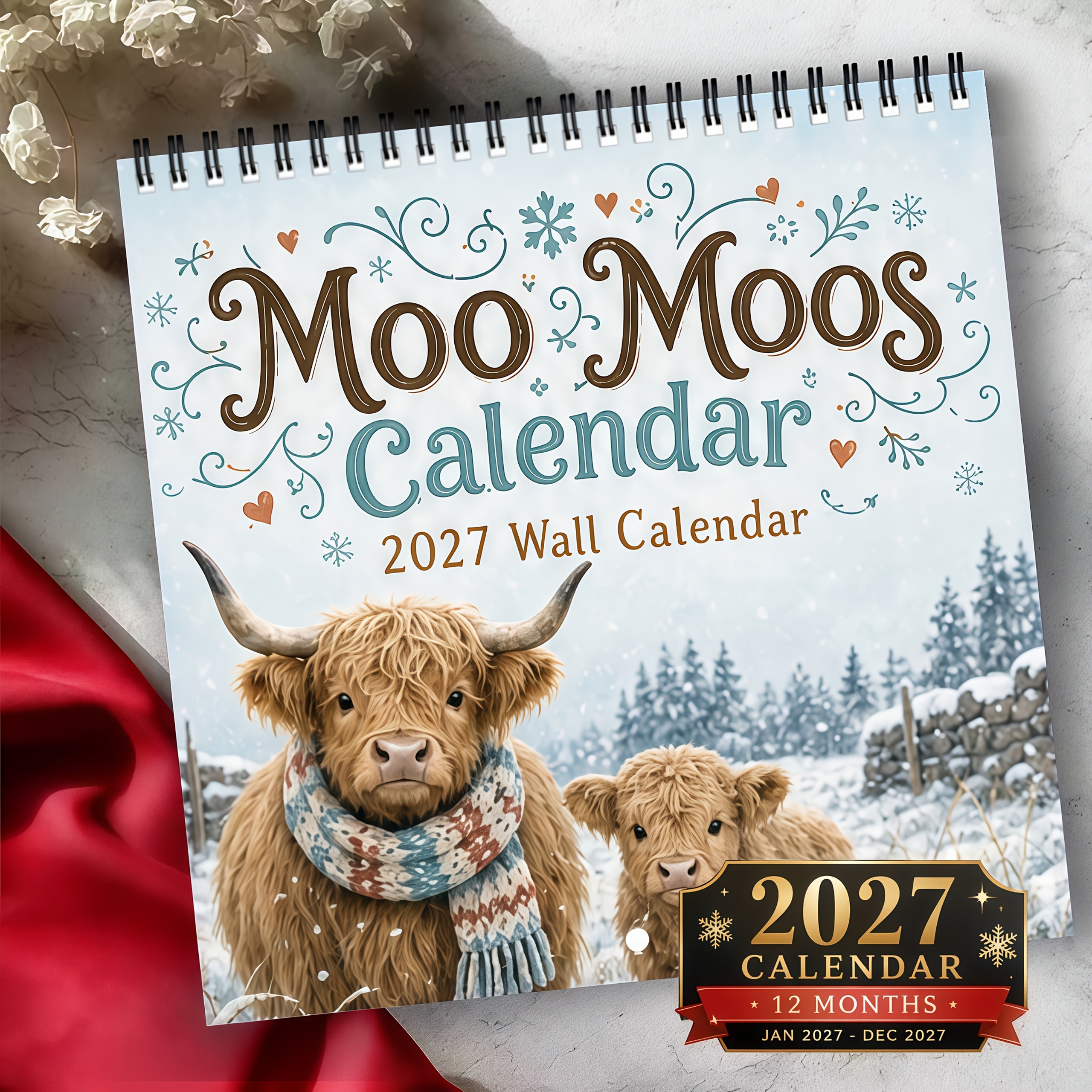TEMU Wandkalender 2027, Hochlandrind-Wandkalender 2027, 12-Monats-Hängekalender, Doppeldraht-Spiralbindung, 8,3x8,3 Zoll quadratisch, großer