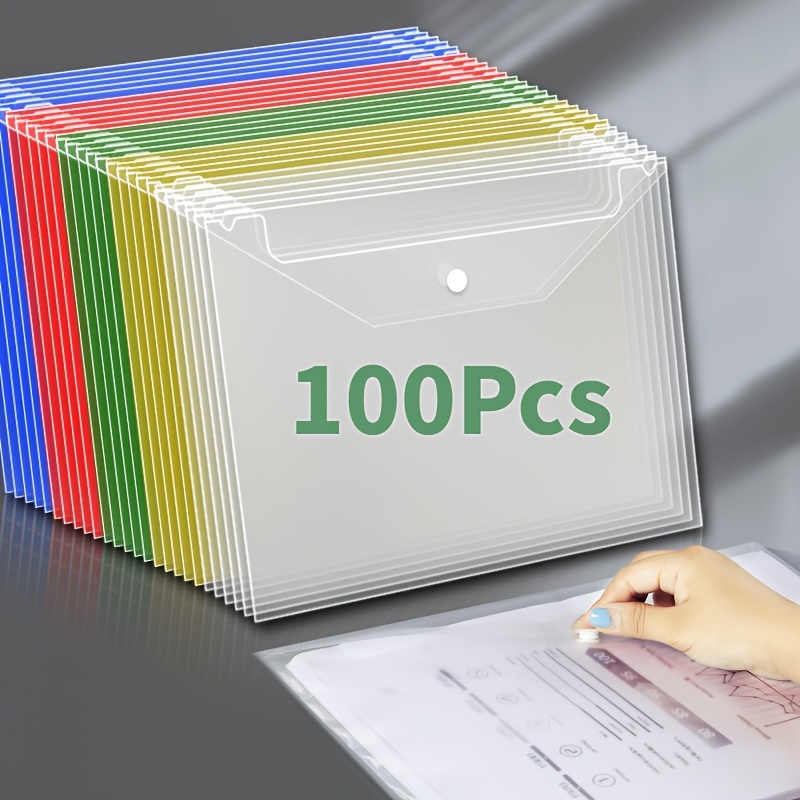 E-shop 100 Stück A4 Transparente Aktenordner mit Druckknopfverschluss – Große Dokumententaschen für Büromaterial, Prüfungsunterlagen, Büroorganisation,
