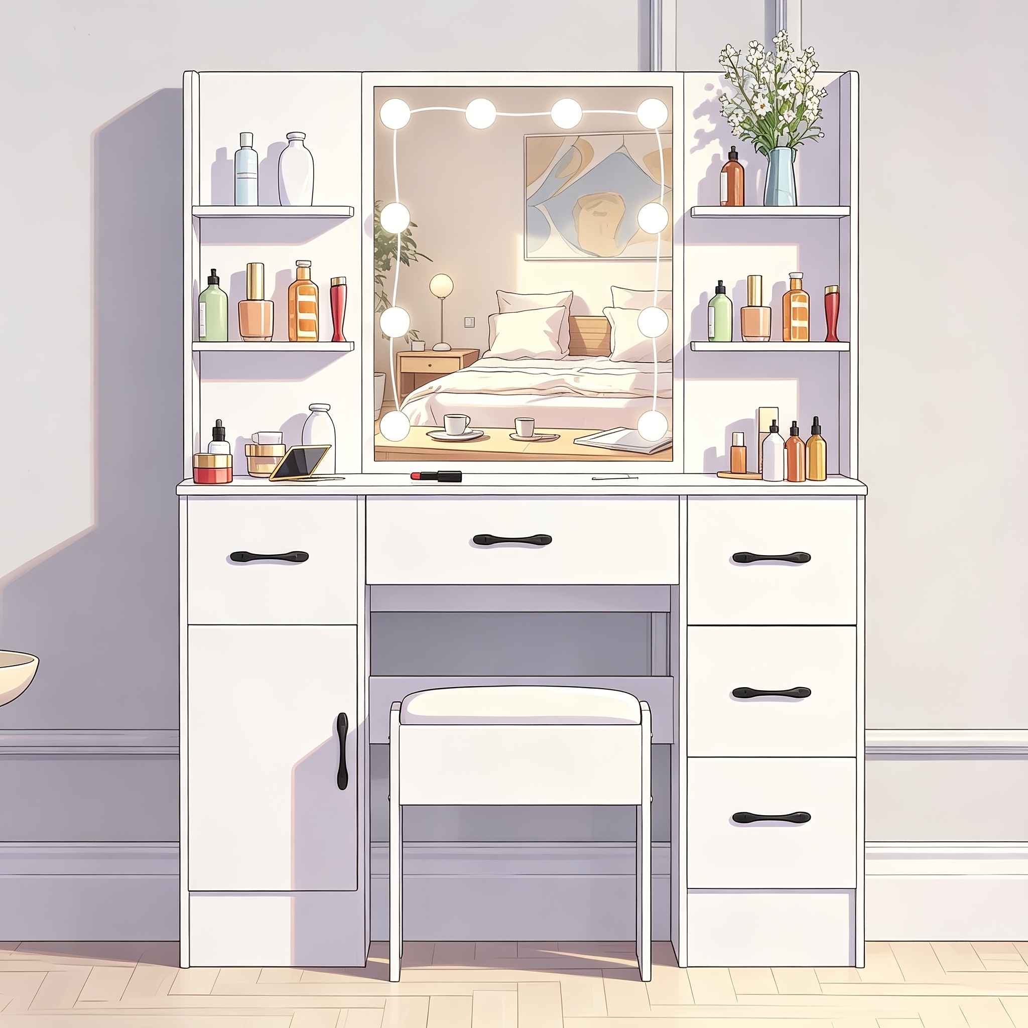 Vanity Desk With Lighted Mirror & Stool, Makeup Vanity Table With 7 Drawers & Open Shelves, 3 Lighting Adjustable Brightness, White Dressing Table With Openable Mirror Door For Bedroom