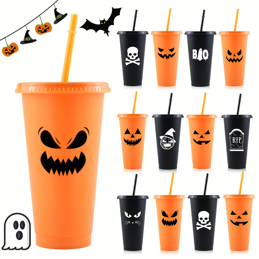 

Polypropylene Cups - 5 Pack 24 Oz Jack-o-lantern Scary Pumpkin Print - Lightweight, Pvc-free, Hand-wash Reusable Party Drinkware For Hot/cold Beverages