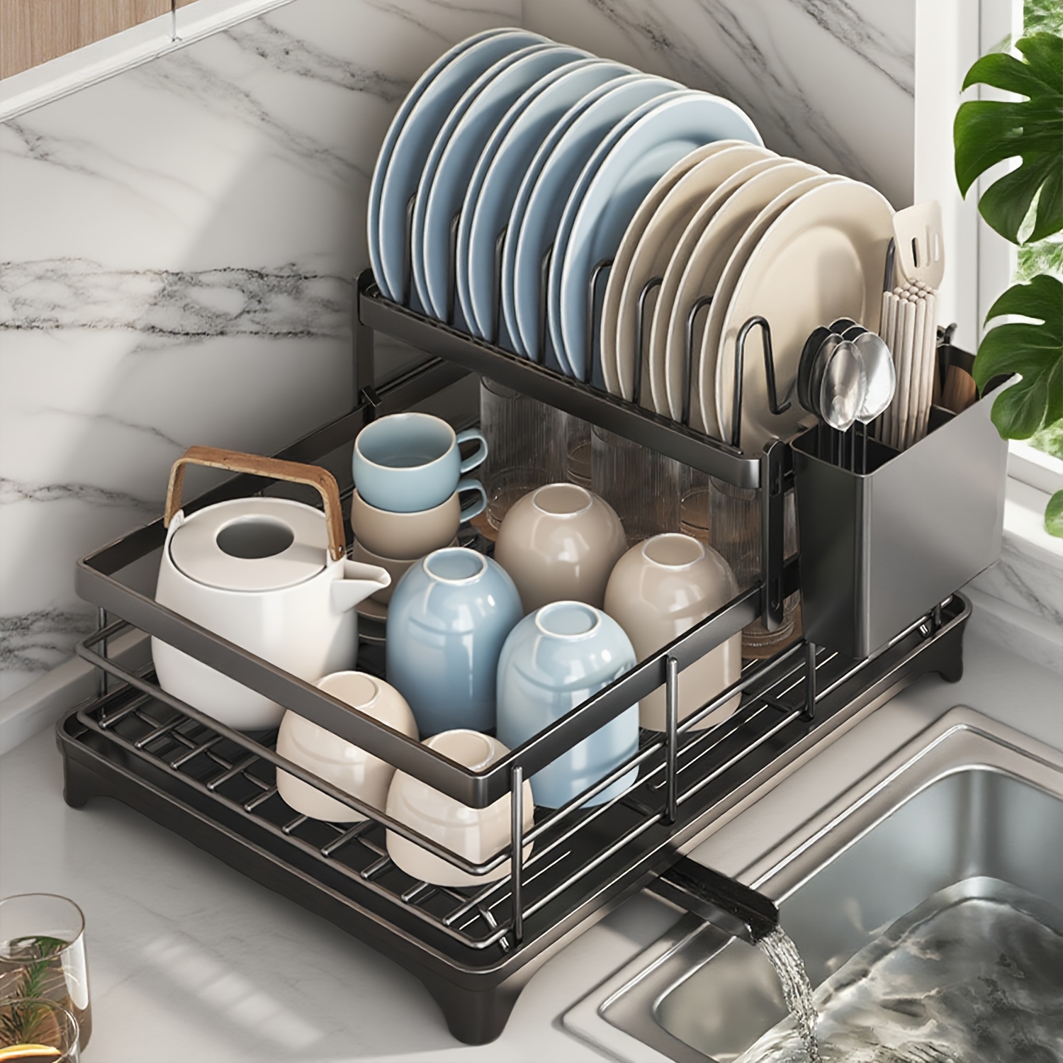 TEMU Two-tier Large-capacity Carbon Steel Bowl And Dish Rack, With Chopstick Holder, With Draining Board, Space- Kitchen Utensil Storage Rack, Can