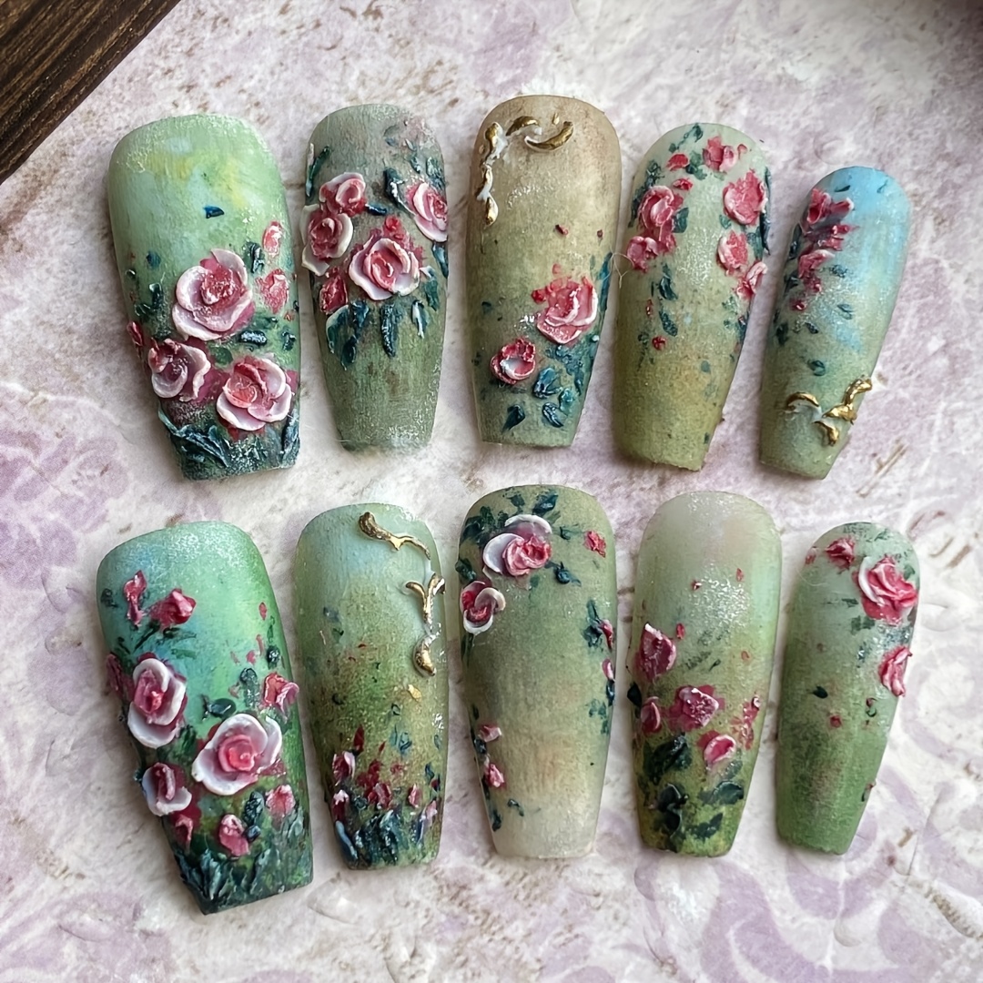 TEMU Retro Oil Painting Style, 30pcs Of T-shaped Green Rose Fake Nails, Frosted Oil Painting Texture, Camellia Wear Nails, Rose Relief, Sage Green