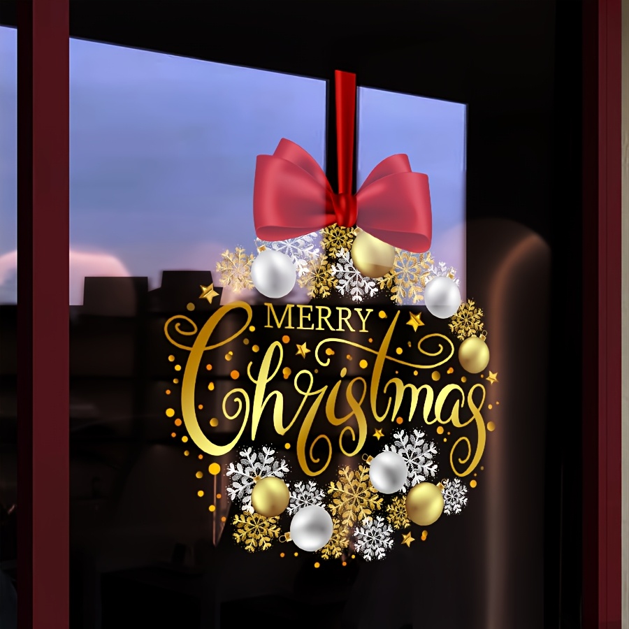 Image of 1pc 45cm X 60cm Christmas Decorative Sticker, Christmas Window Decal With Bow, Snowflake, And "merry Christmas" Patterns, Suitable For Home, School, Restaurant, Door Decorations