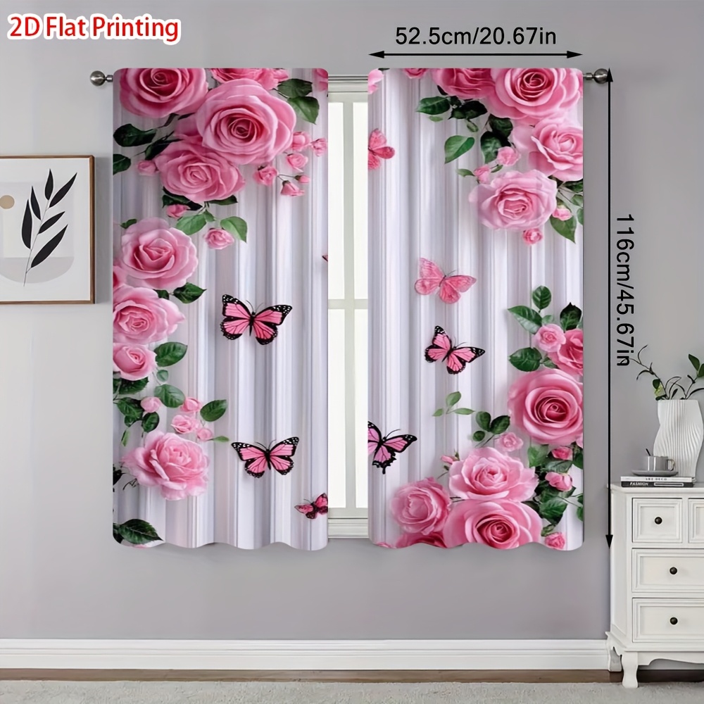 TEMU 2d Flat - 2d Flat - Set Of 2 Flat Printed Curtains Featuring Pink Roses And Butterflies, Designed With A Rod Pocket. Ideal For Decorating Rooms