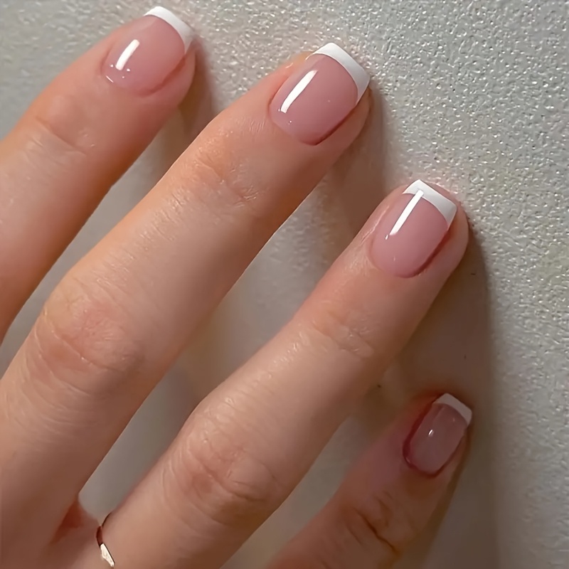 E-shop 24 Stück Kurze Quadratische Press-On Nägel, Nude & Weiß Klassischer Glanz, mit Nagelfeile Jelly-Kleber