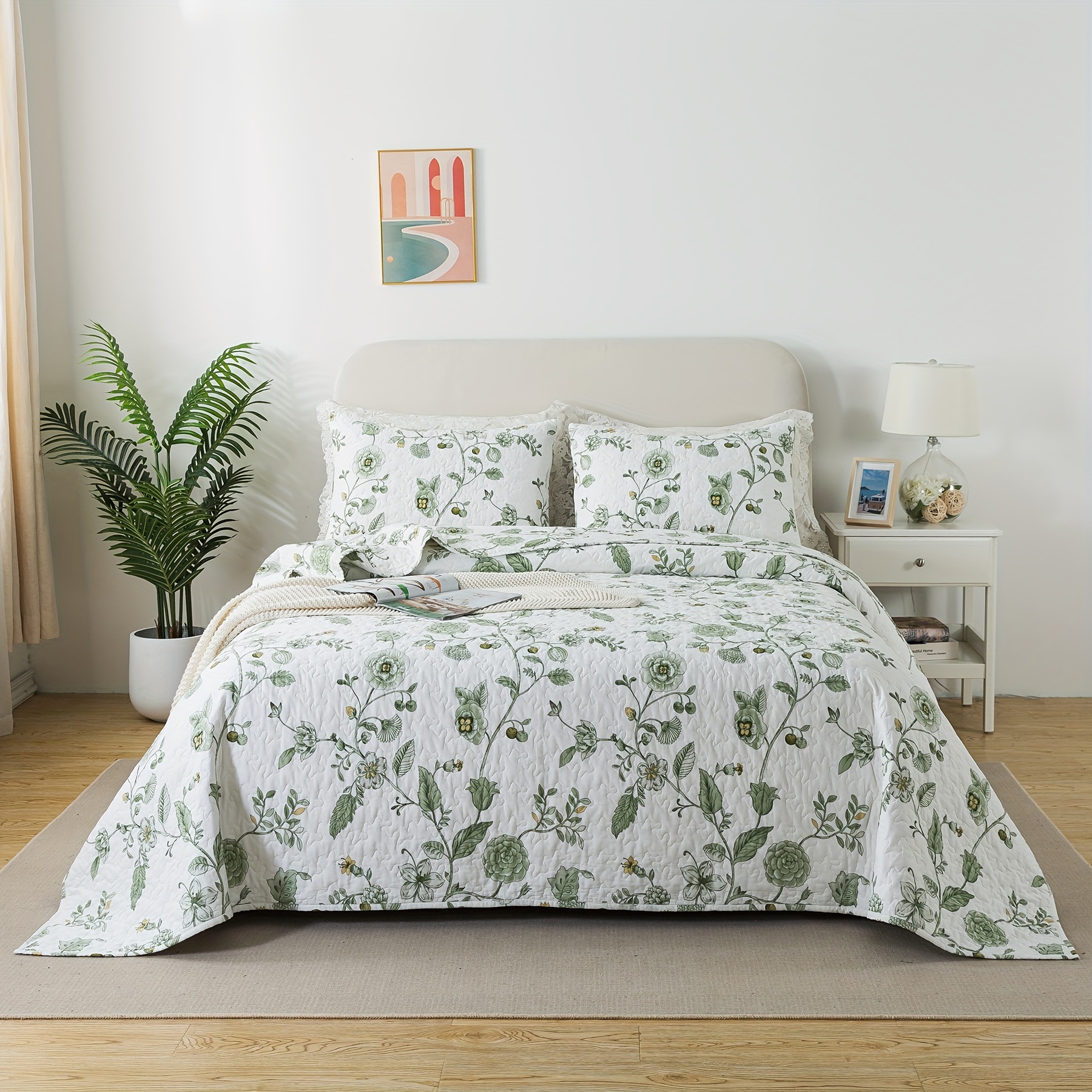 

2/3pcs 100% Cotton Floral Pattern White Quilt Set, Green Flower Print Farmhouse Summer Bedspread Set, Soft Breathable Lightweight Rustic Coverlet Bedding Sets, For All Season, (twin Size 2pcs)