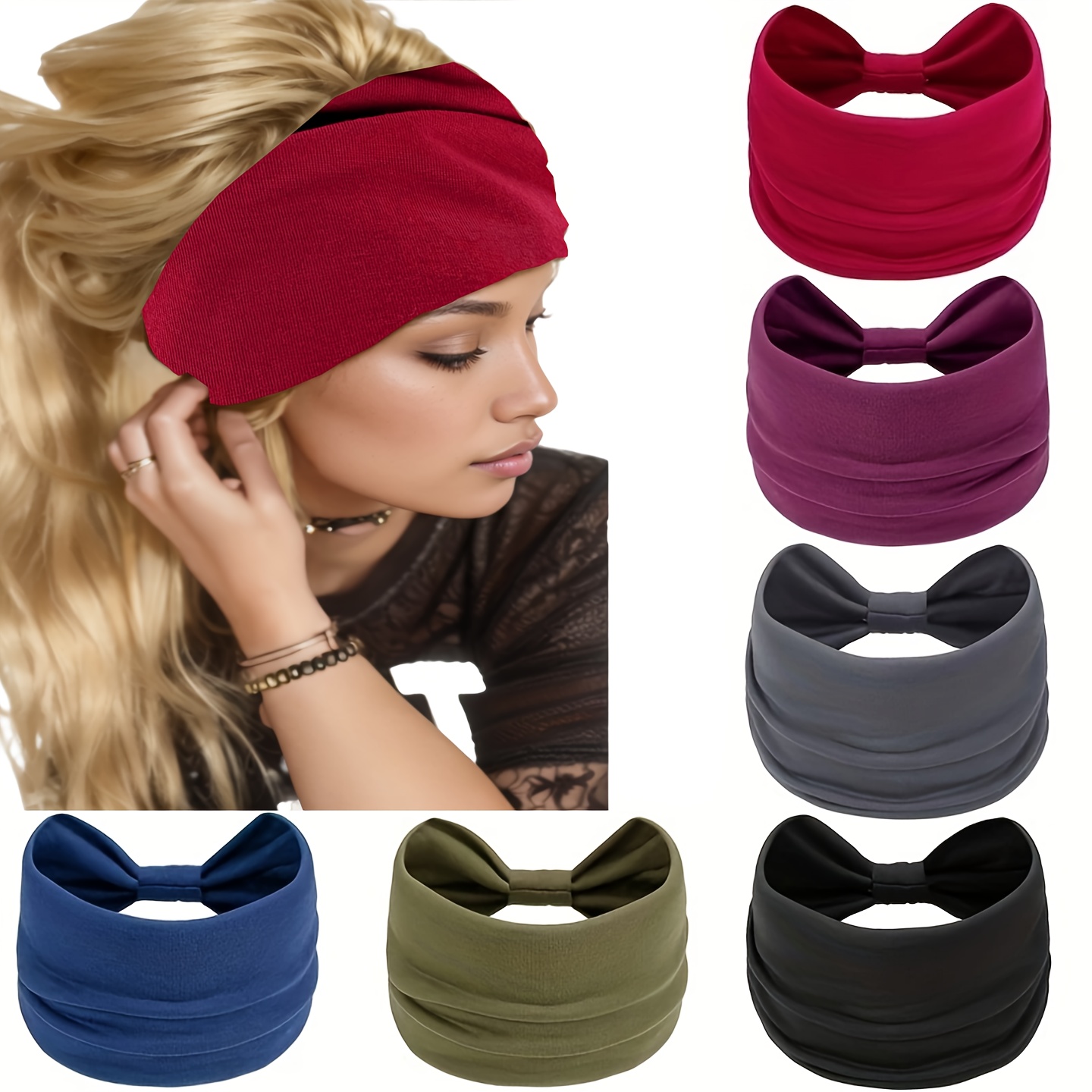 

6pcs/pack Women's Wide Headbands, Solid Color Knot Turban, Large Bohemian Style Hair Accessories, Multi-functional Head Wraps For Yoga, Running, And Sports