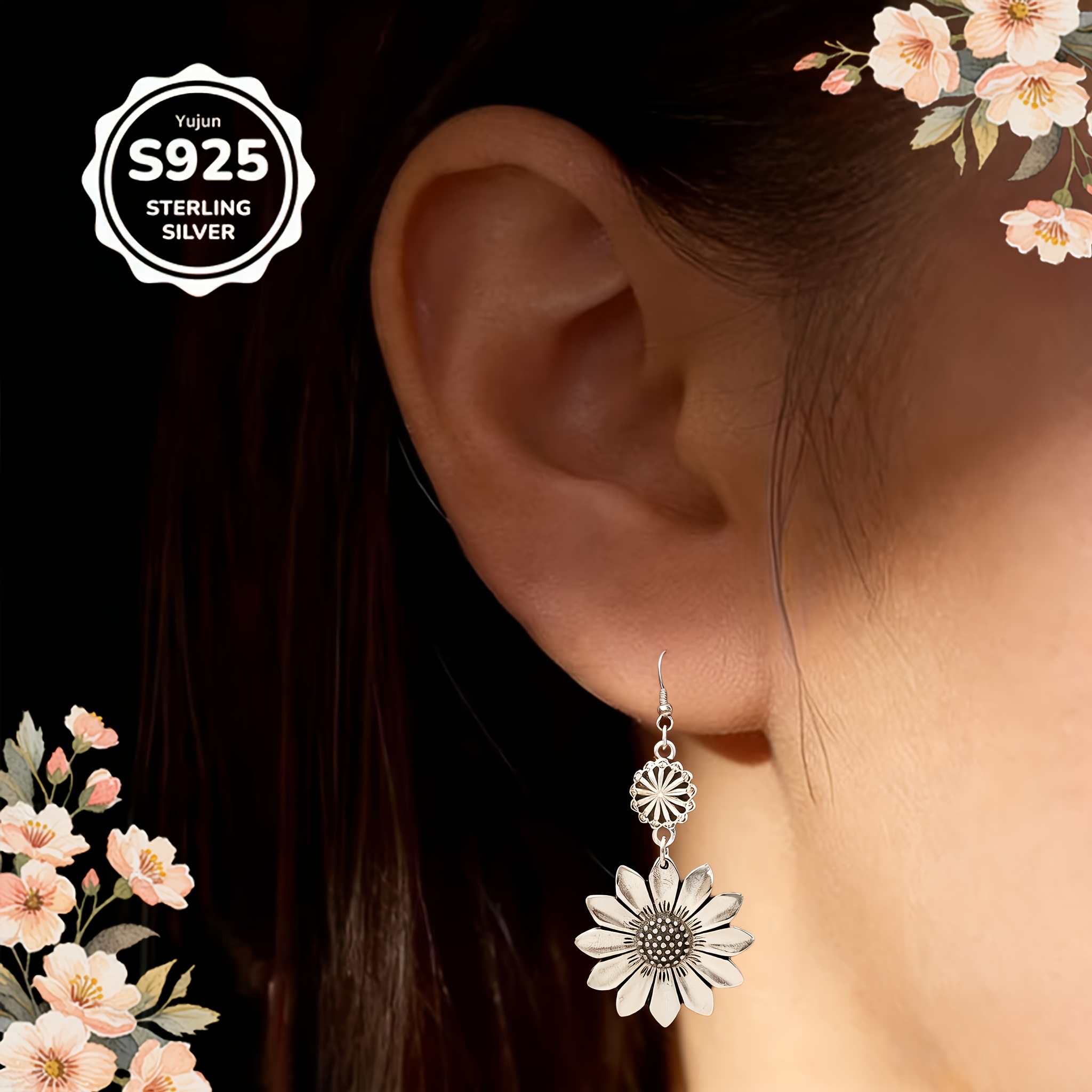 Women's 925 Silver Vintage Sunflower Tassel Pendant Earrings