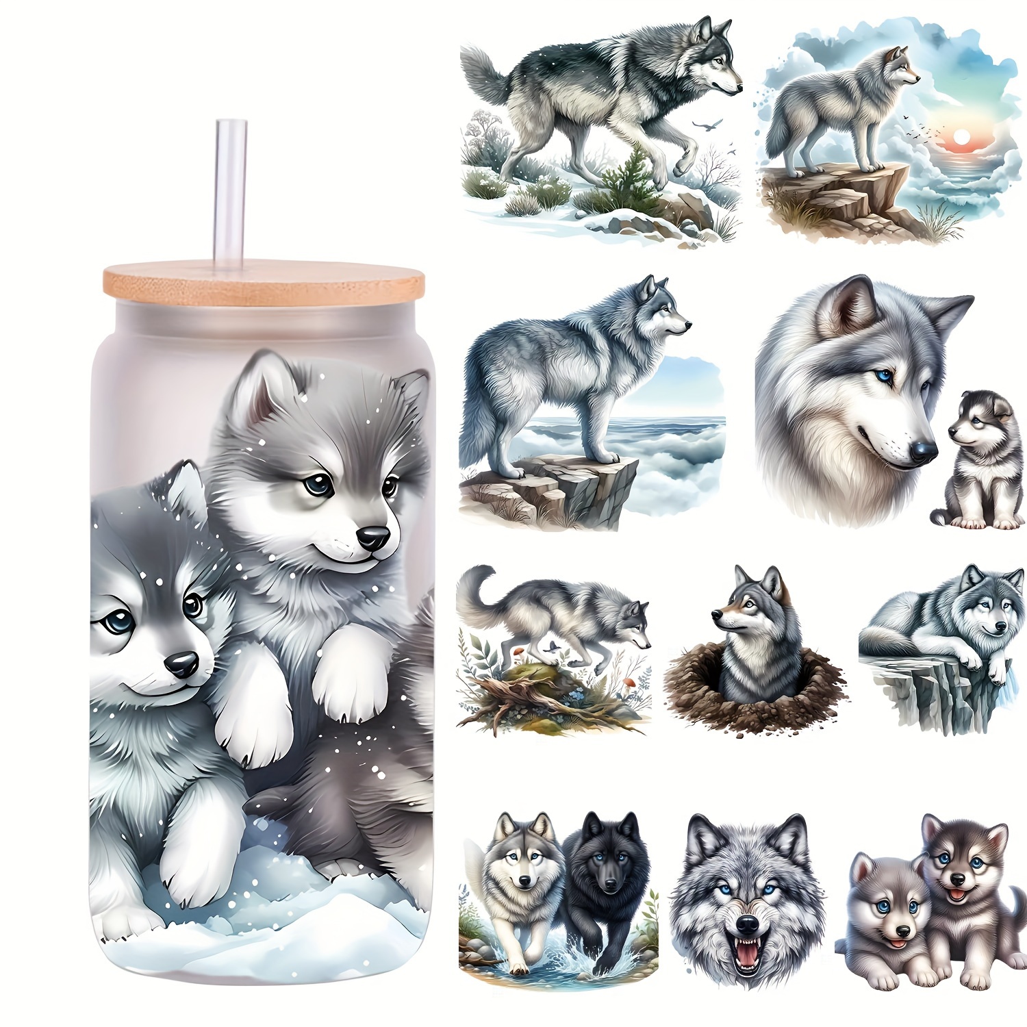 

5-piece Set Wolf Themed Decorative Stickers For 16oz Glass Jars, Animal Coffee Cup Adhesives, Uv Dtf Paper Decal Wrap For Mugs